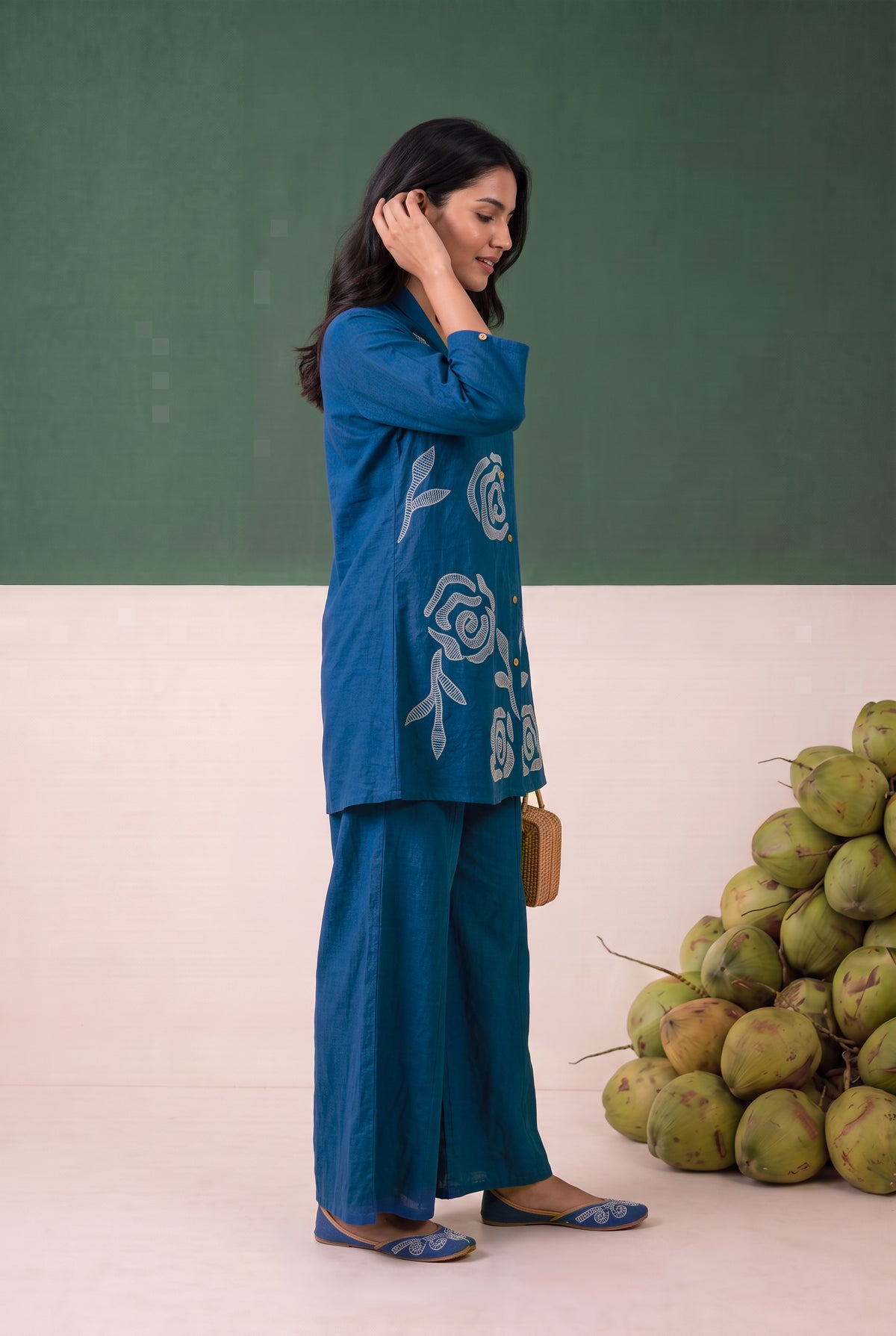 Blue Rose Embroidered Shirt Cotton Flex Co-ord Set