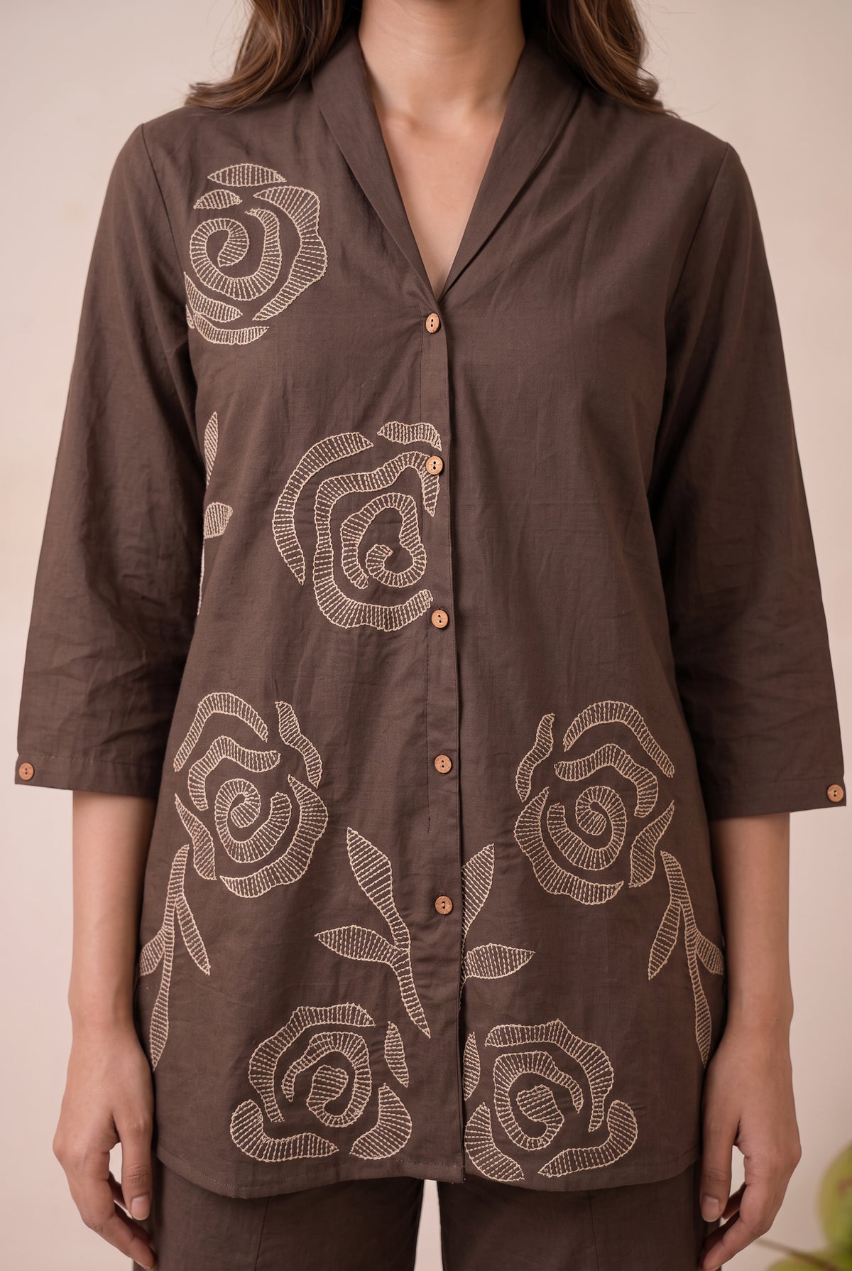 Brown Contrast Rose Embroidered Shirt Cotton Flex Co-ord Set