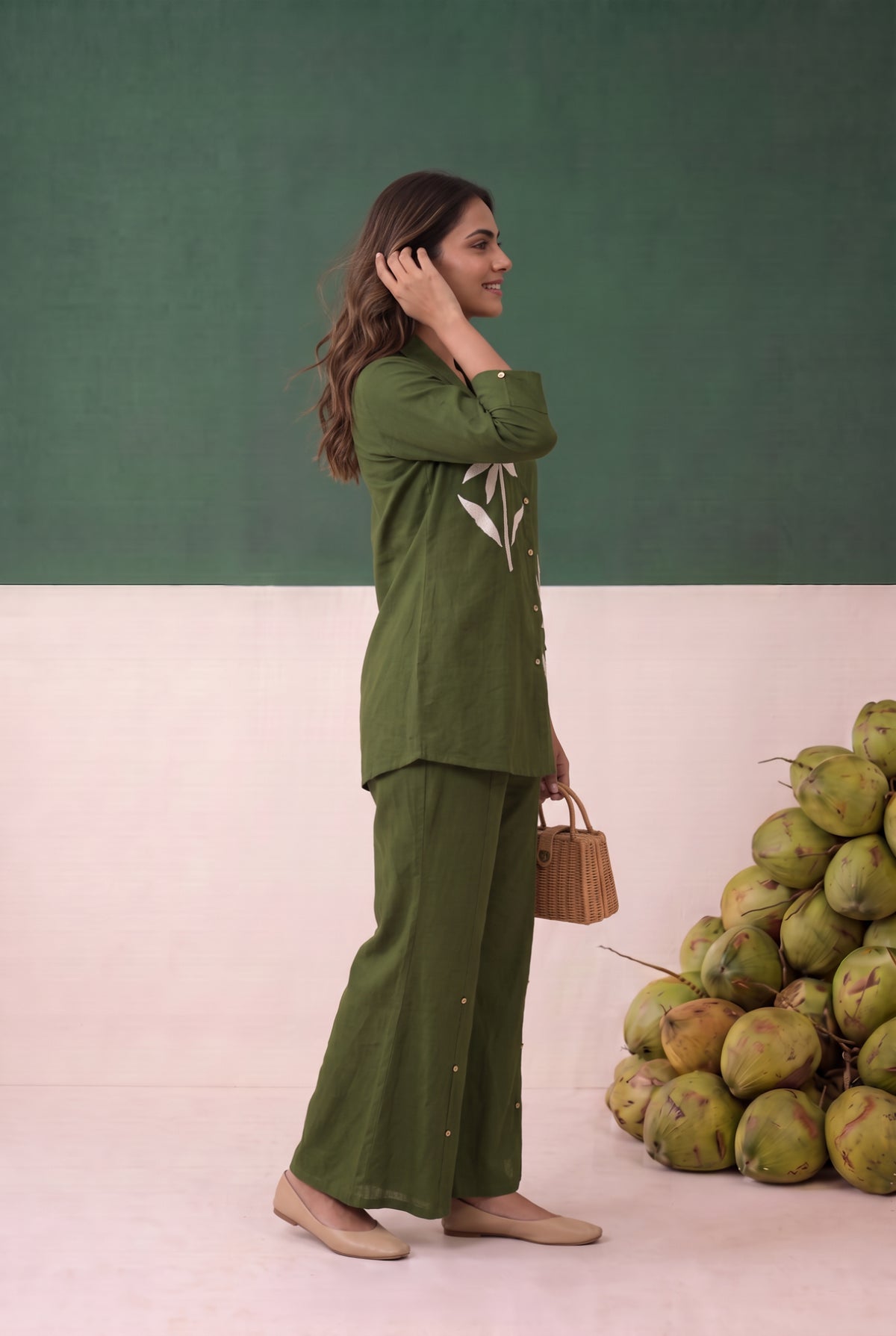 Green Botanical Motif Bloom Embroidered Cotton Flex Co-ord Set