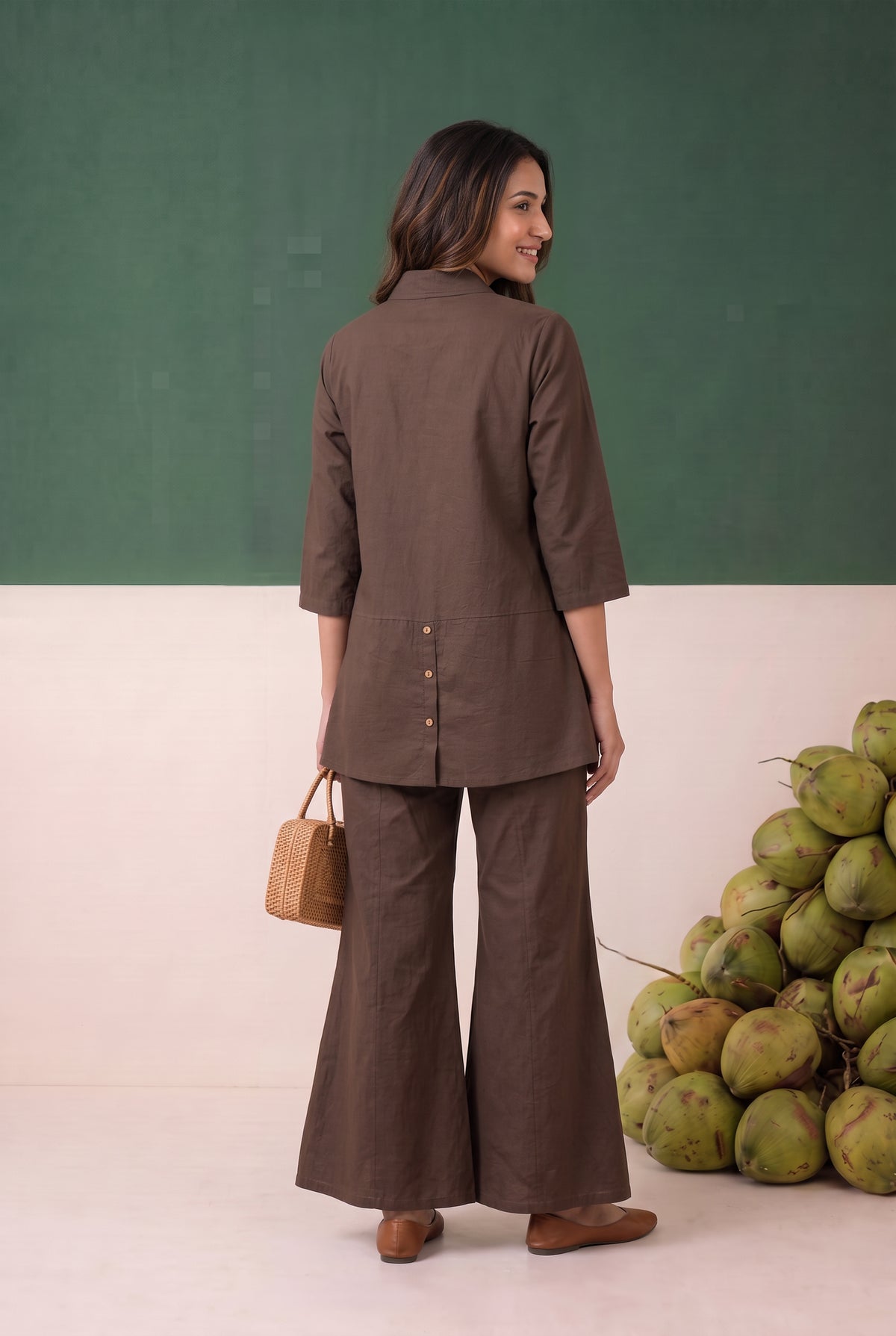 Brown Contrast Rose Embroidered Shirt Cotton Flex Co-ord Set