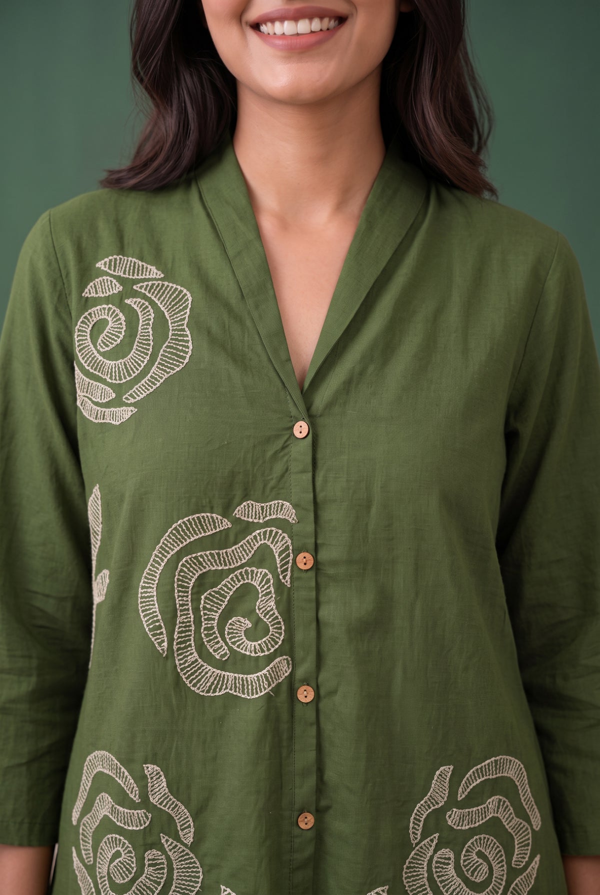 Green Contrast Rose Detail Embroidered Shirt Cotton Flex Co-ord Set