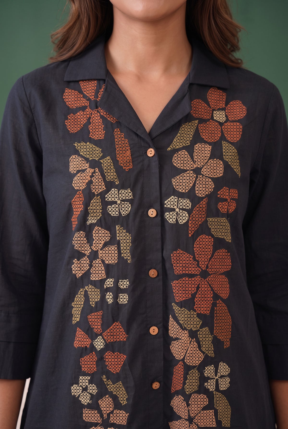 Black Floral Embroidered Shirt Cotton Co-ord Set