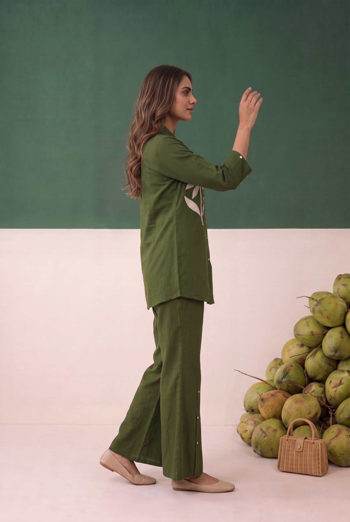 Green Botanical Motif Bloom Embroidered Cotton Flex Co-ord Set