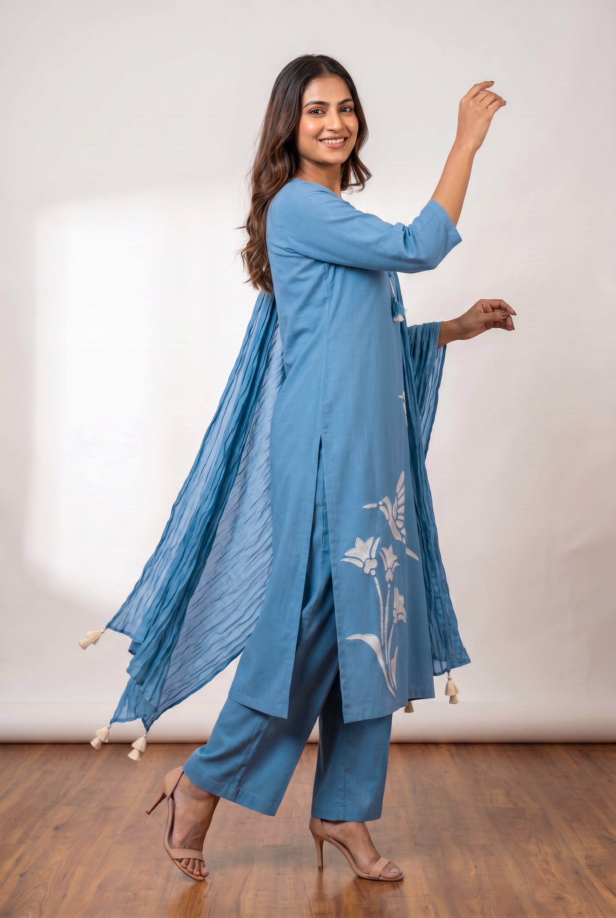 Sky Blue Bird Embroidered Cotton Ethnic Kurta Set with Designer Pleated Dupatta
