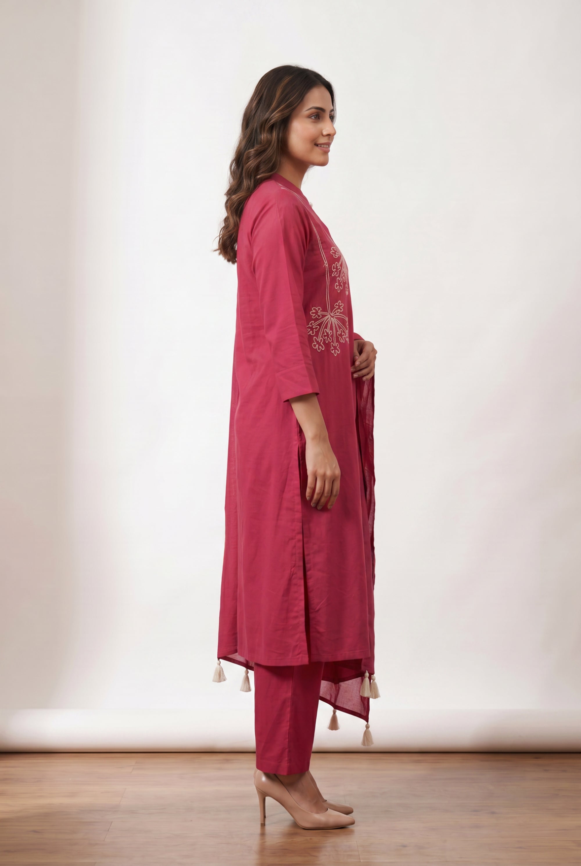 Pink Floral Thread Embroidered Cotton Kurta Pant Set with Tassel Dupatta