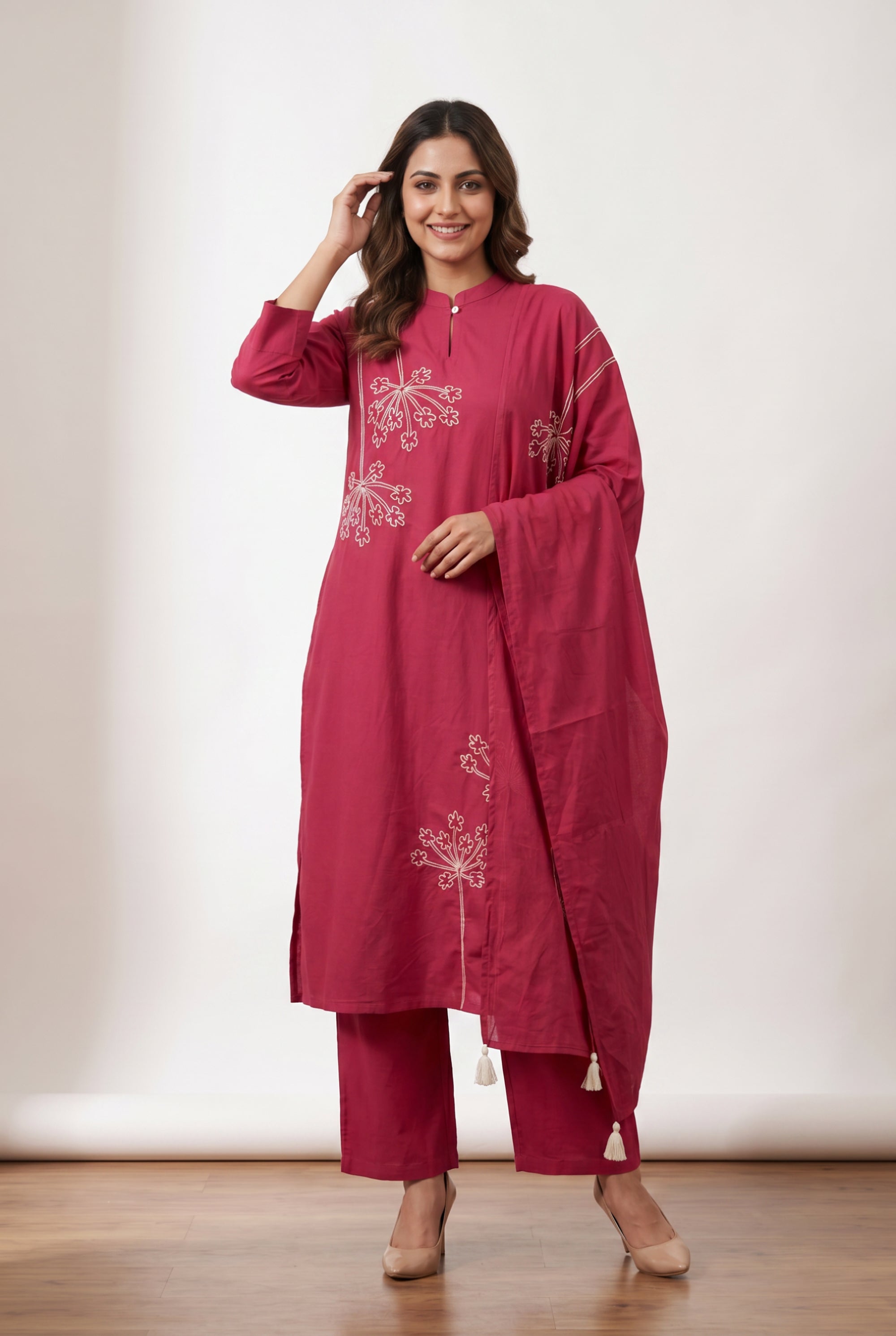 Pink Floral Thread Embroidered Cotton Kurta Pant Set with Tassel Dupatta