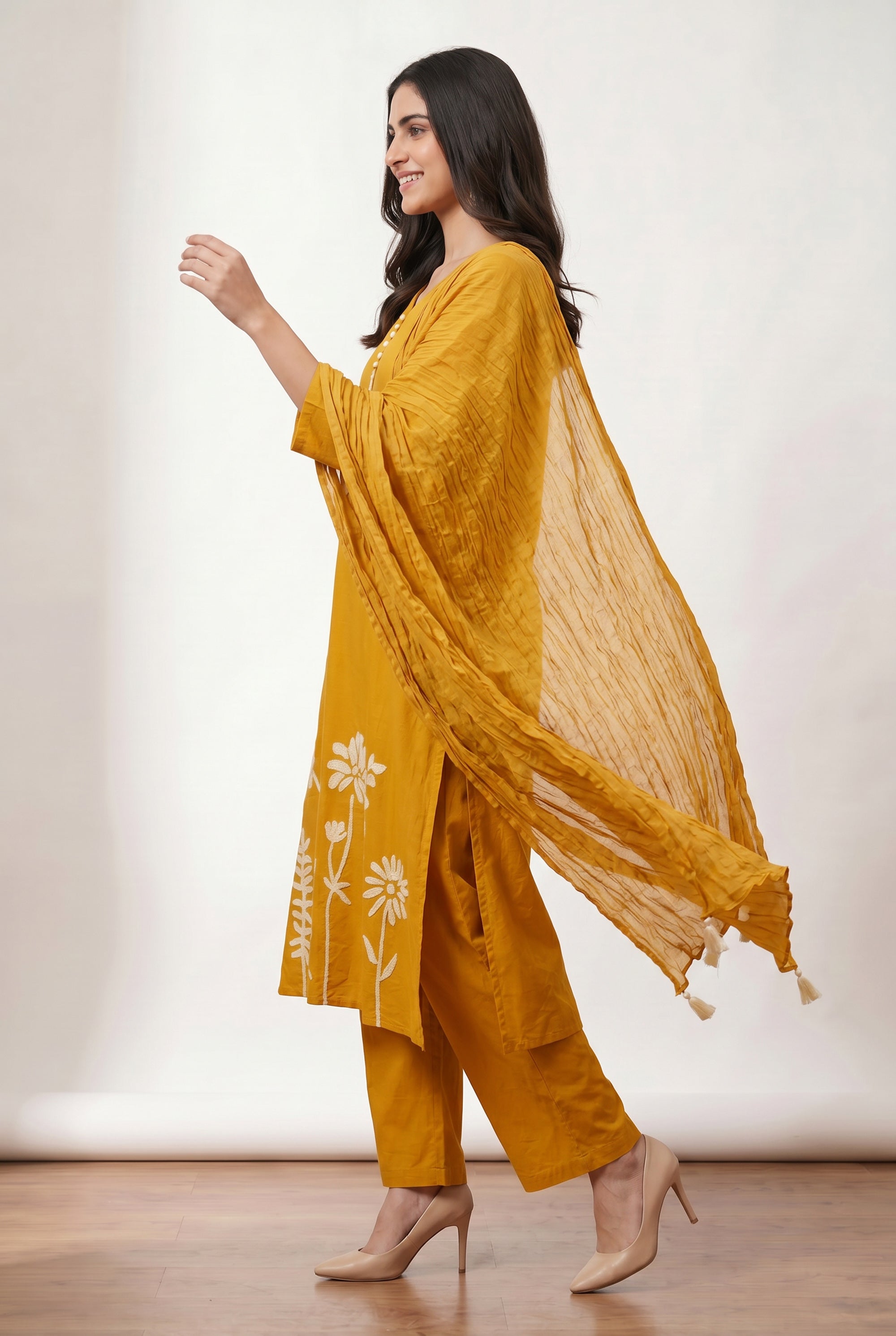 Mustard Straight Cotton Kurta Set with Floral Embroidery & Pleated Tassel Dupatta