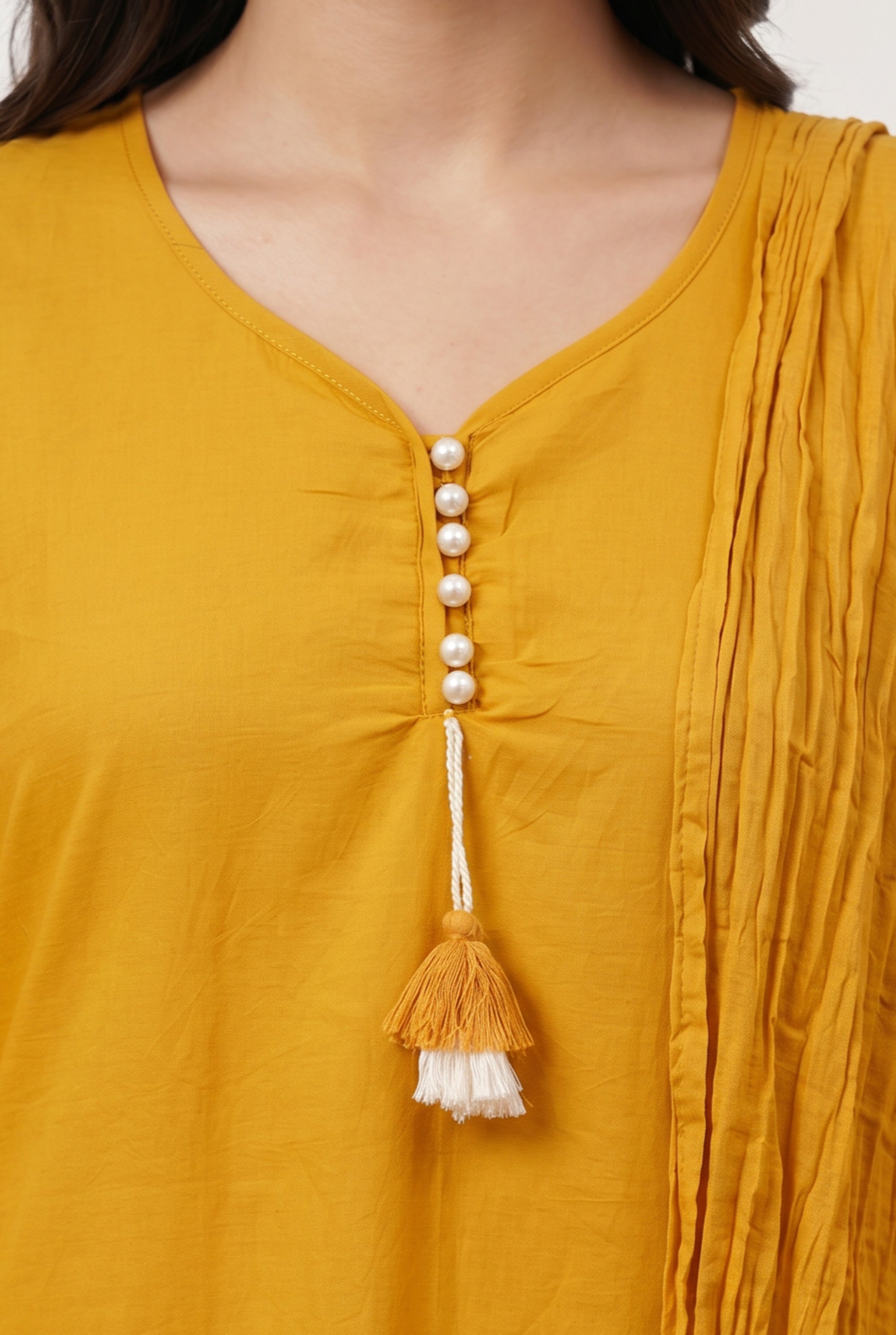 Mustard Straight Cotton Kurta Set with Floral Embroidery & Pleated Tassel Dupatta