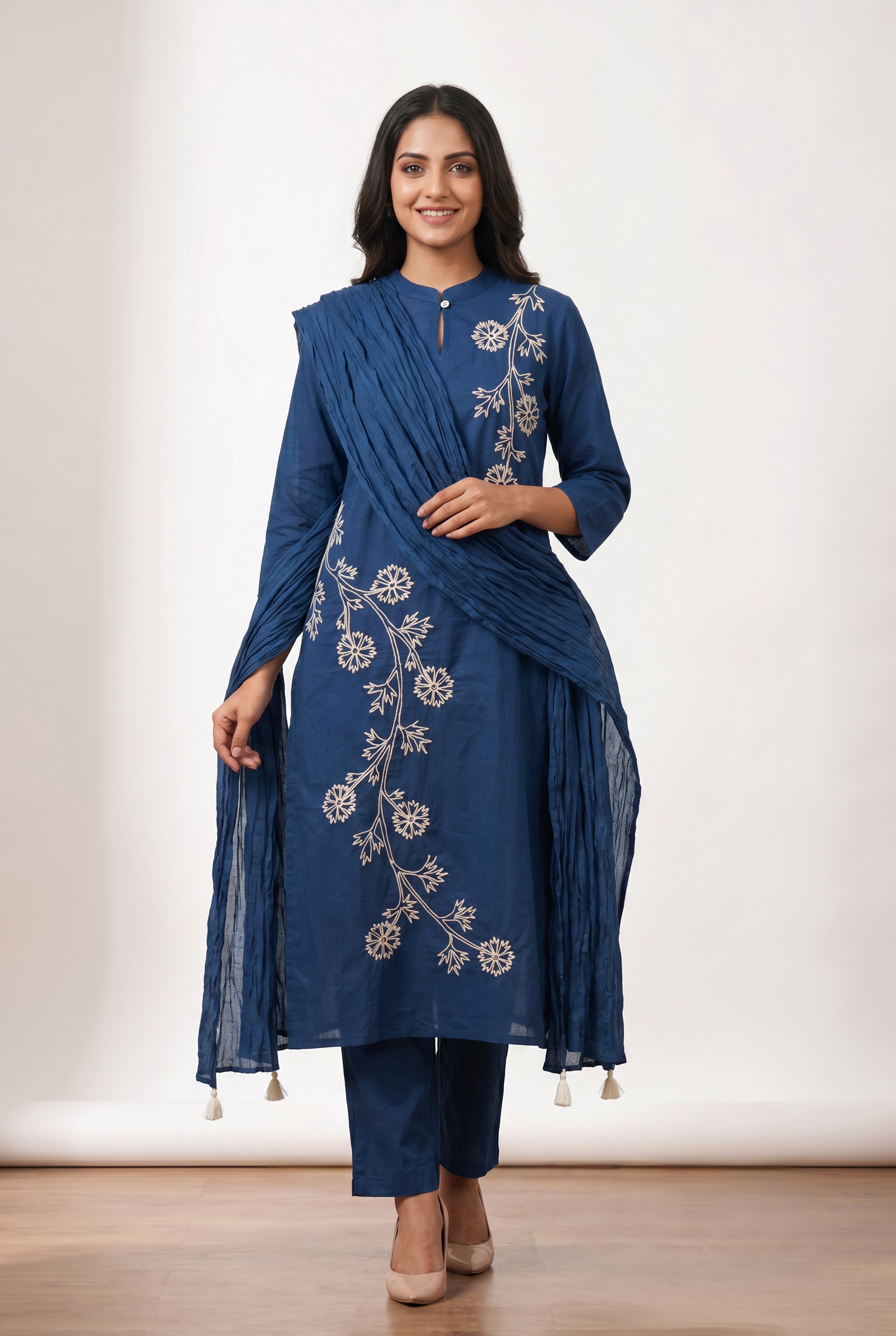 Blue Straight Cotton Kurta Set with Ethnic Floral Embroidery & Tassel Dupatta