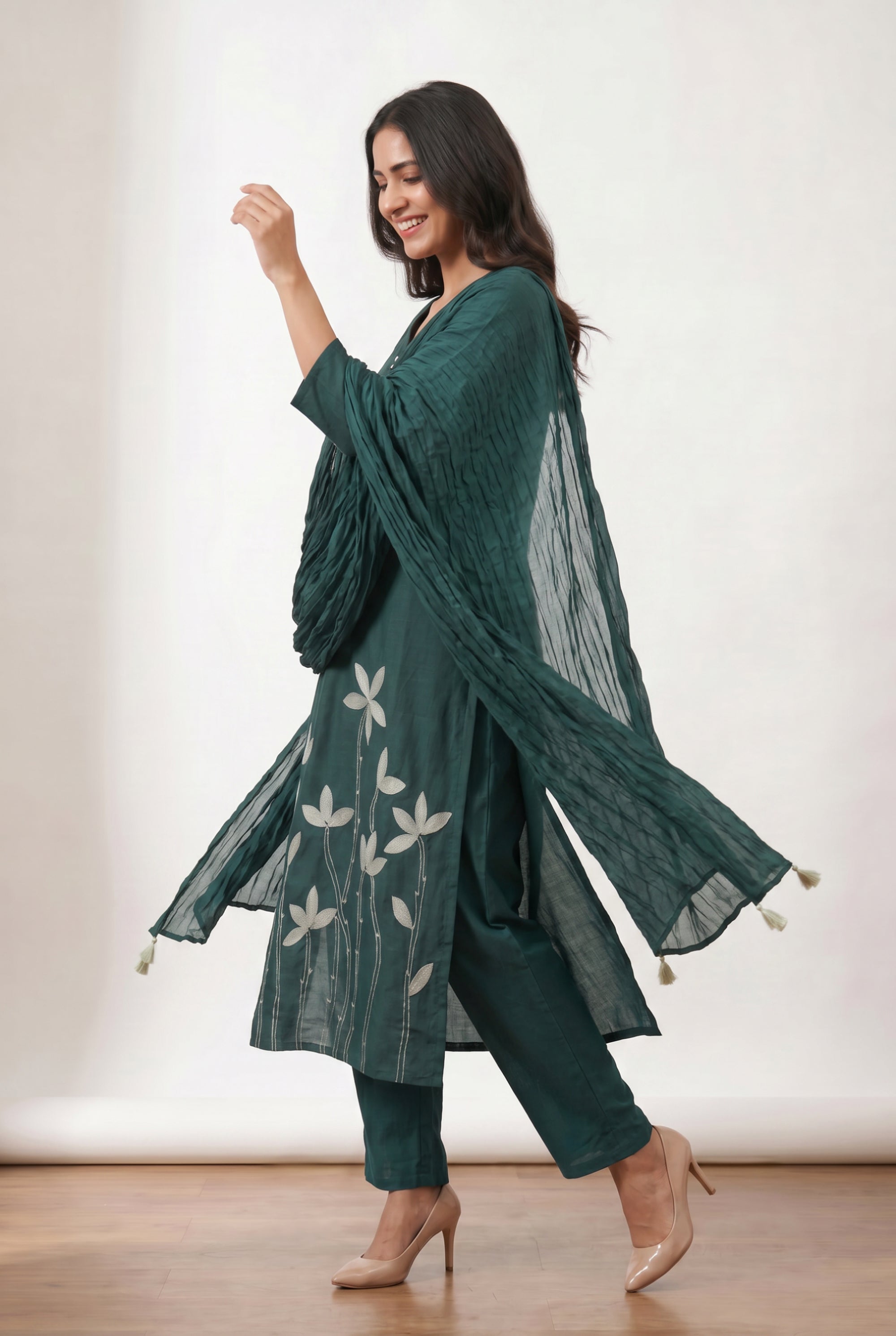 Elegant Teal Floral Embroidered Cotton Kurta Pant Set with Pleated Dupatta