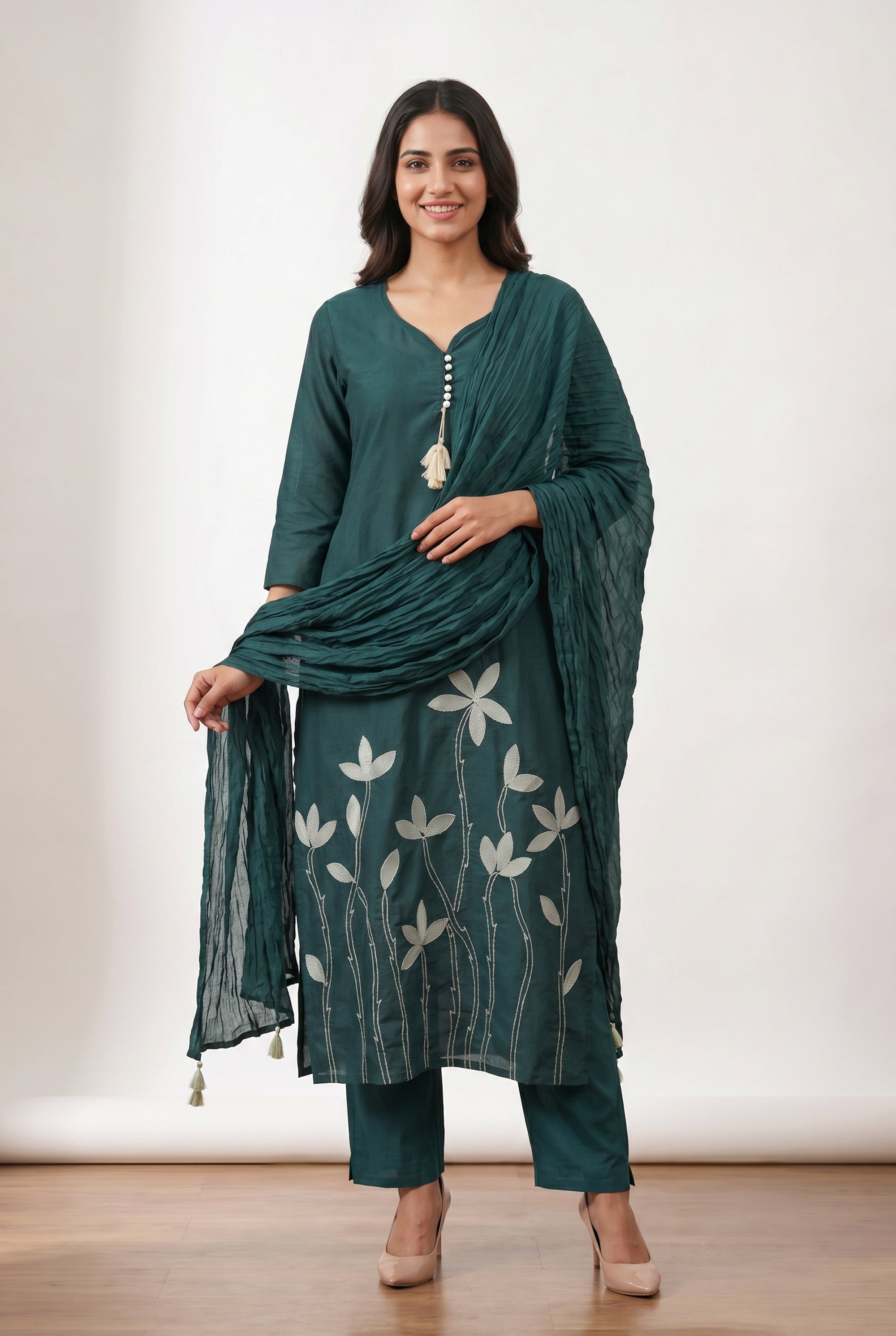 Elegant Teal Floral Embroidered Cotton Kurta Pant Set with Pleated Dupatta