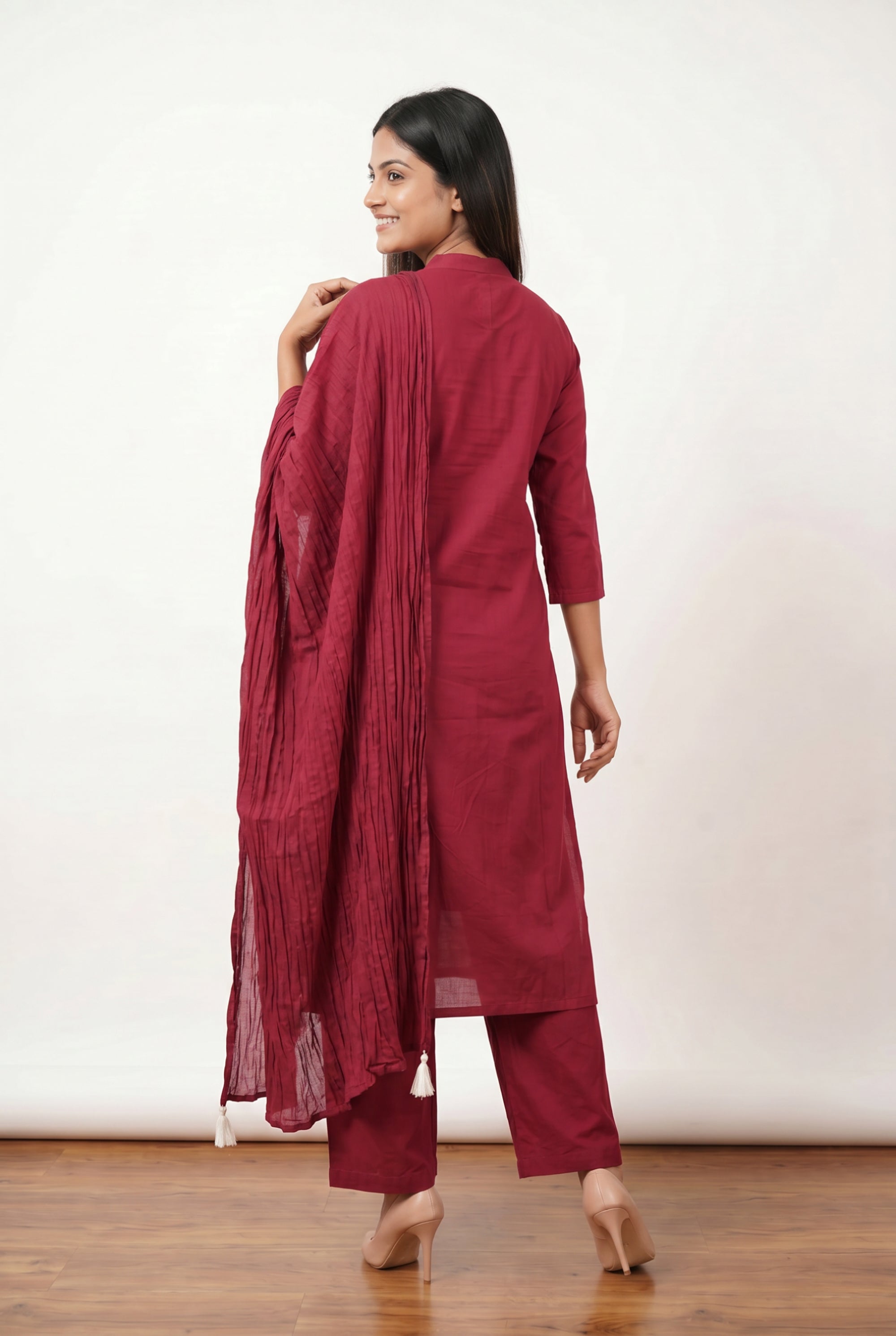 Maroon Floral Embroidered Cotton Kurta Pant Set with Pleated Tassel Dupatta