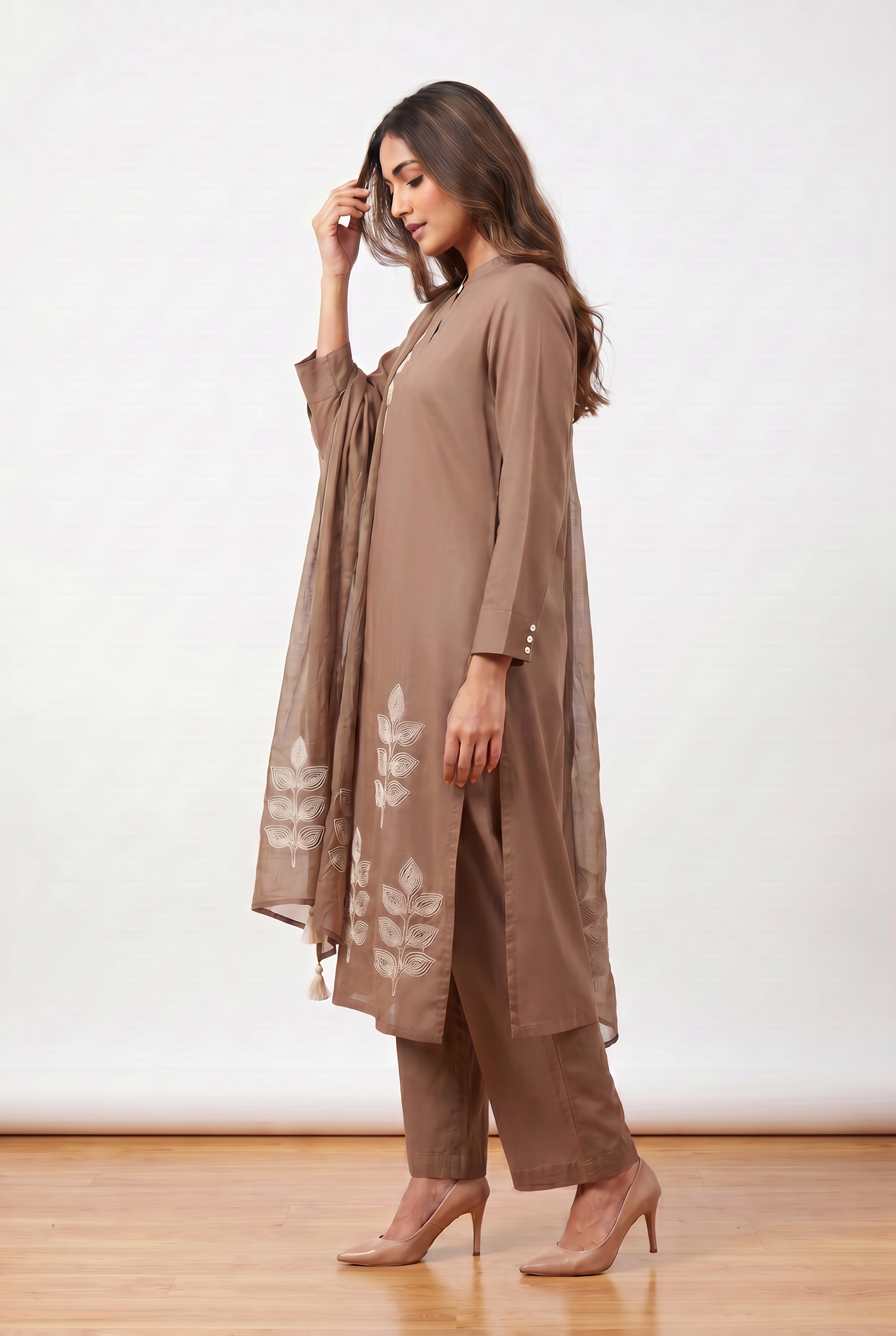 Brown Leaf Designer Embroidered Cotton Kurta Pant Set with Tassel Dupatta