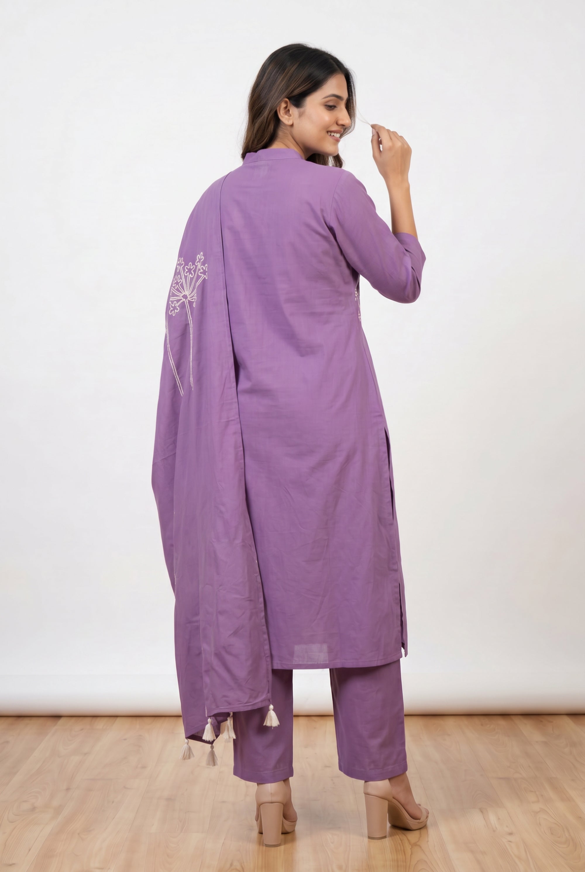 Purple Straight Fit Mandarin Collar Cotton Kurta Set with Floral Embroidery & Tassel Dupatta