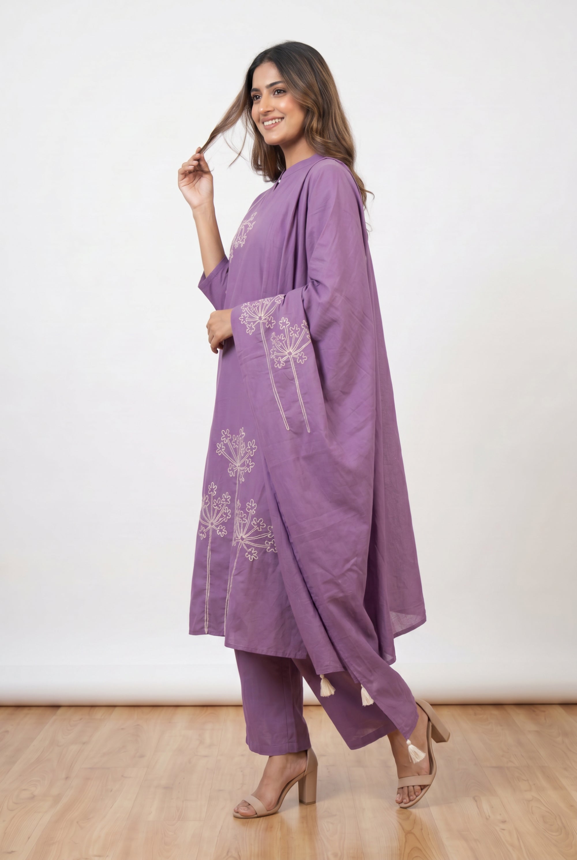 Purple Straight Fit Mandarin Collar Cotton Kurta Set with Floral Embroidery & Tassel Dupatta