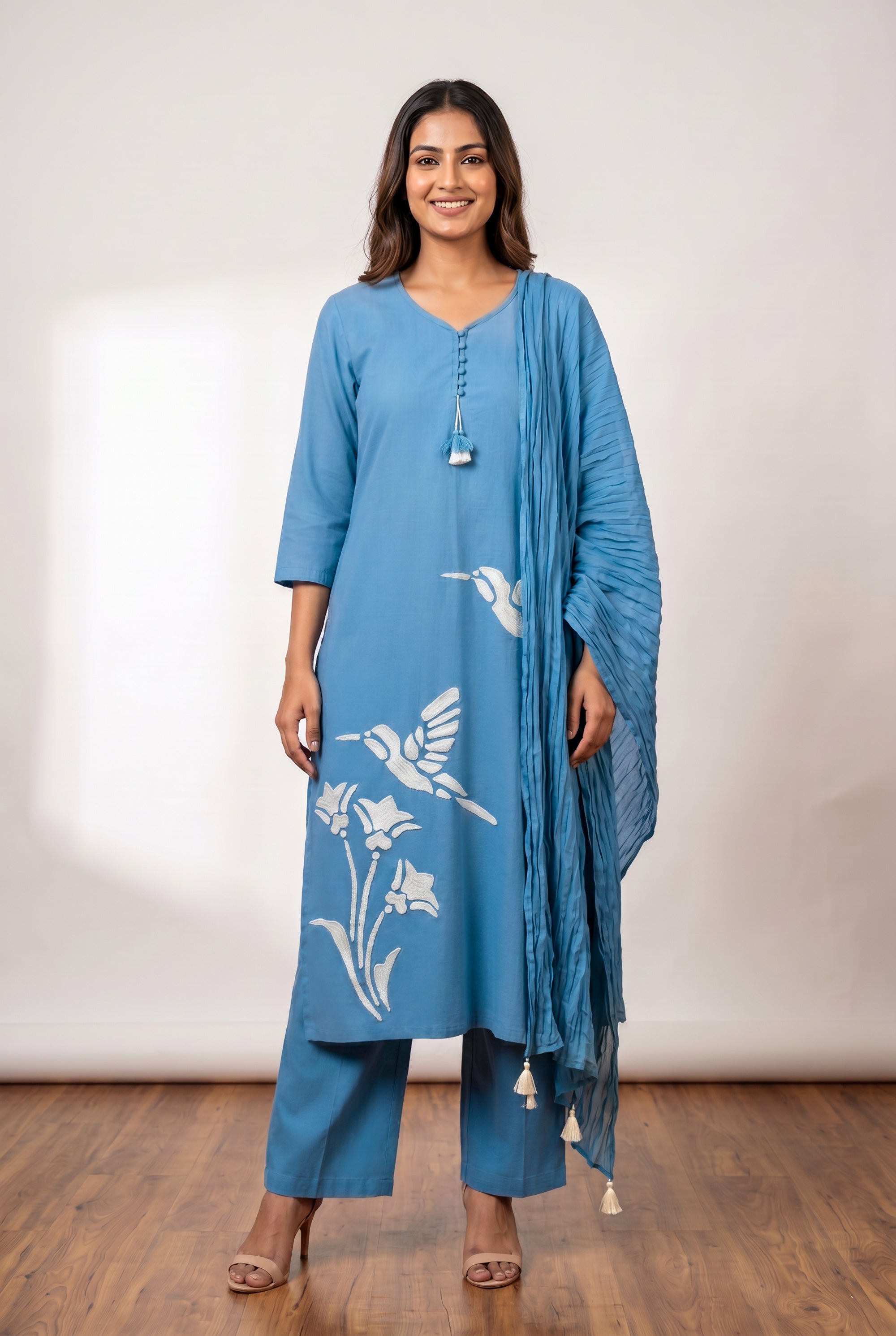 Sky Blue Bird Embroidered Cotton Ethnic Kurta Set with Designer Pleated Dupatta