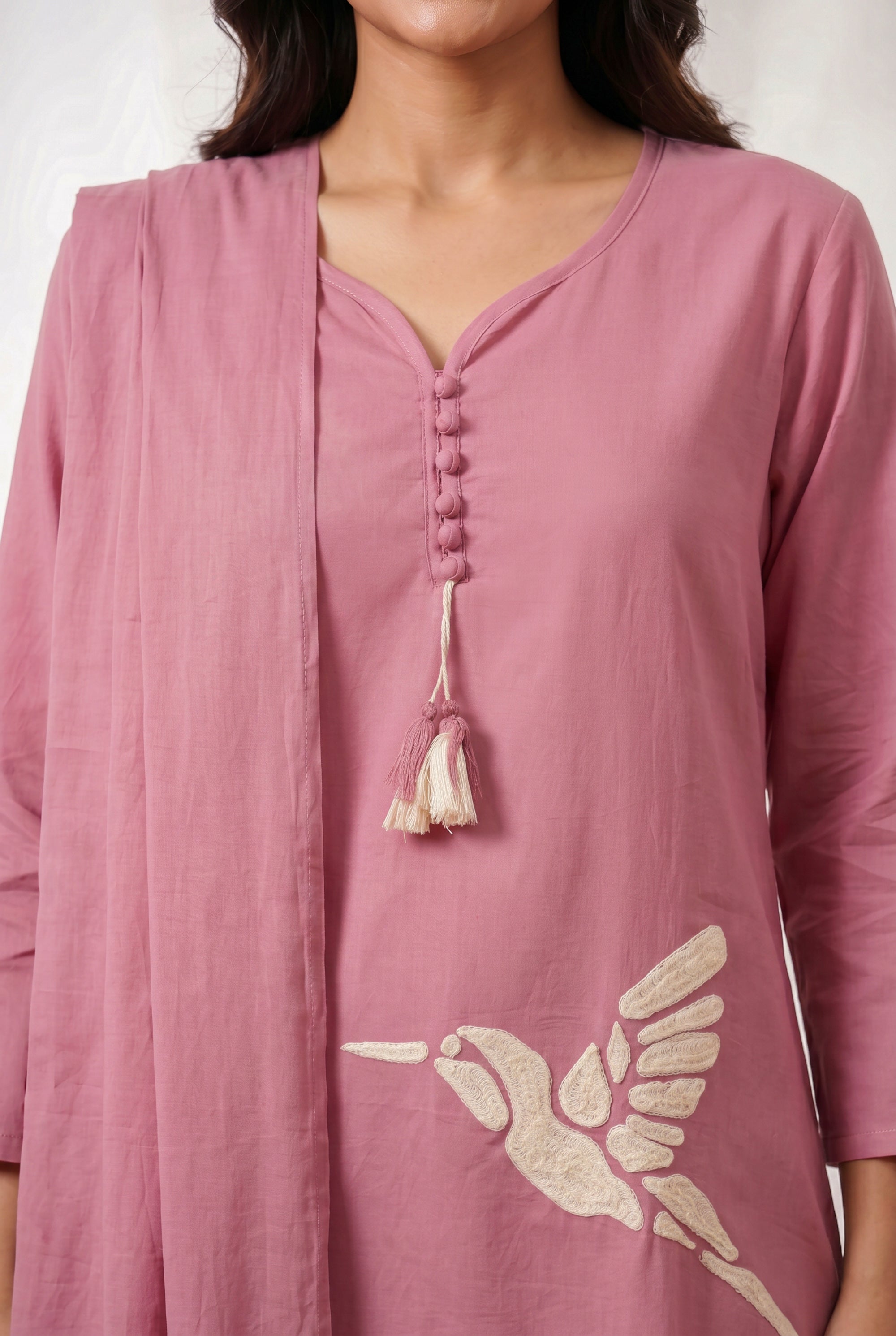 Pink Bird Embroidered Ethnic Cotton Kurta Set with Designer Tassel Dupatta