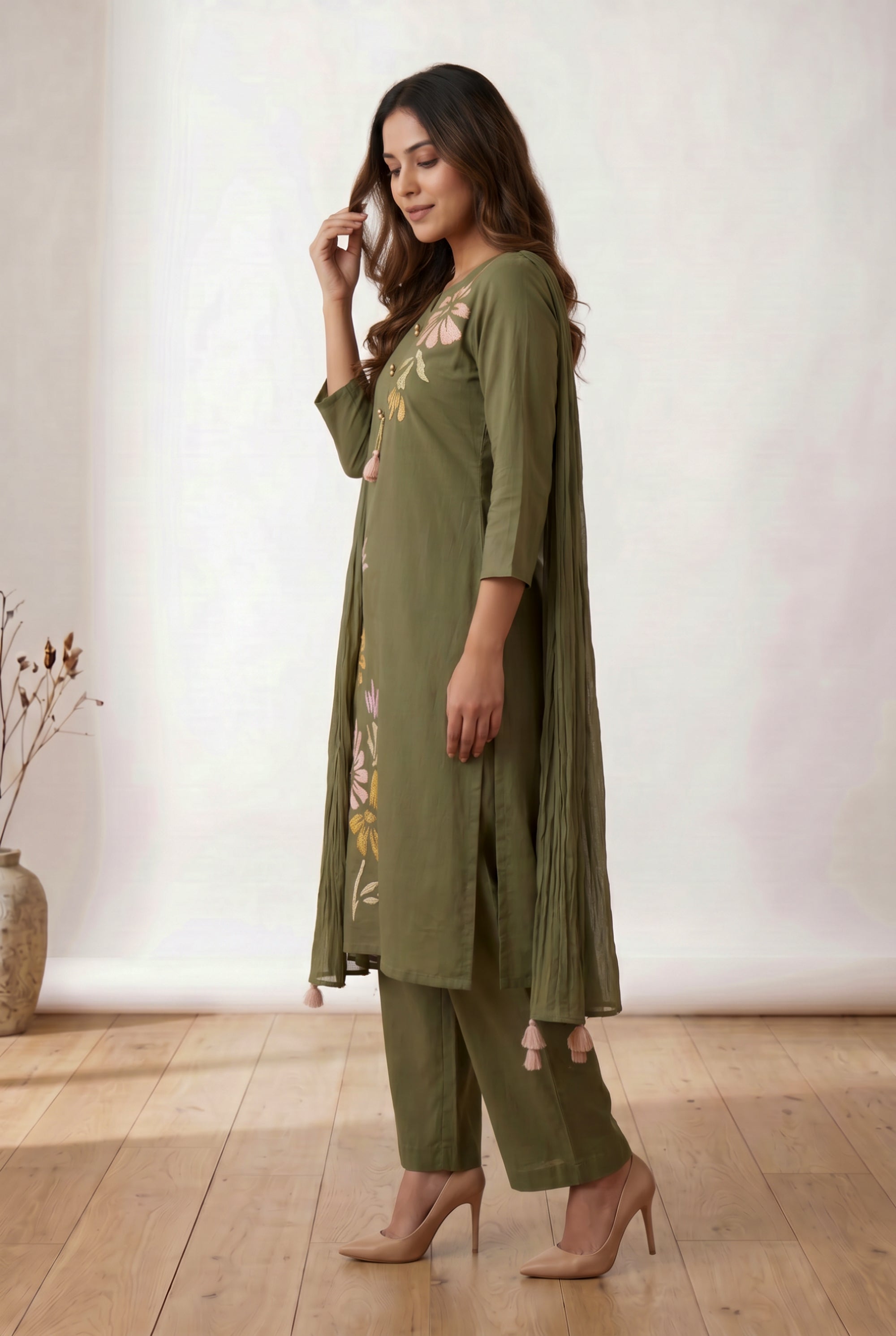 Olive Green Floral Embroidered Cotton Kurta Pant Set with Tassel Dupatta