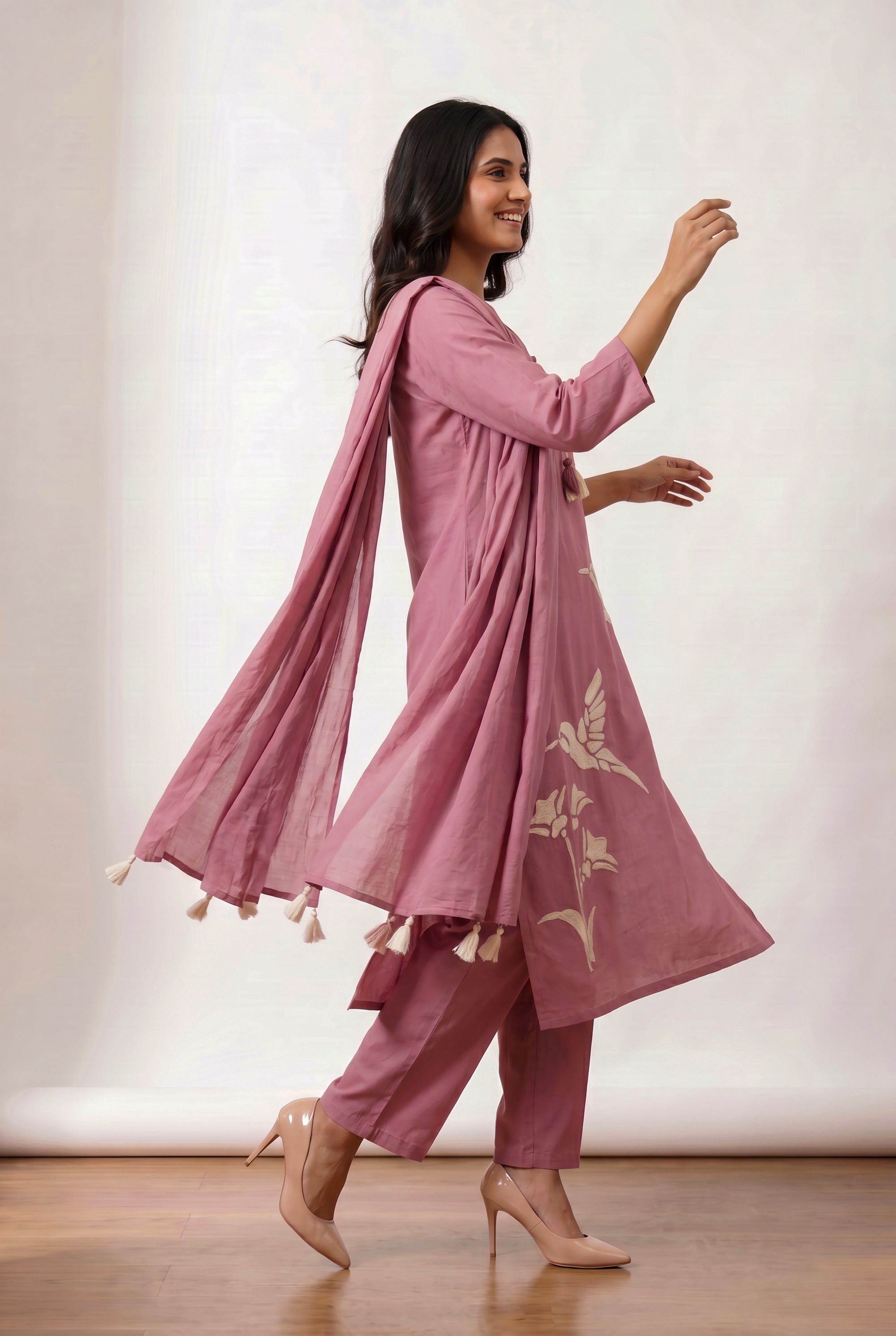 Pink Bird Embroidered Ethnic Cotton Kurta Set with Designer Tassel Dupatta