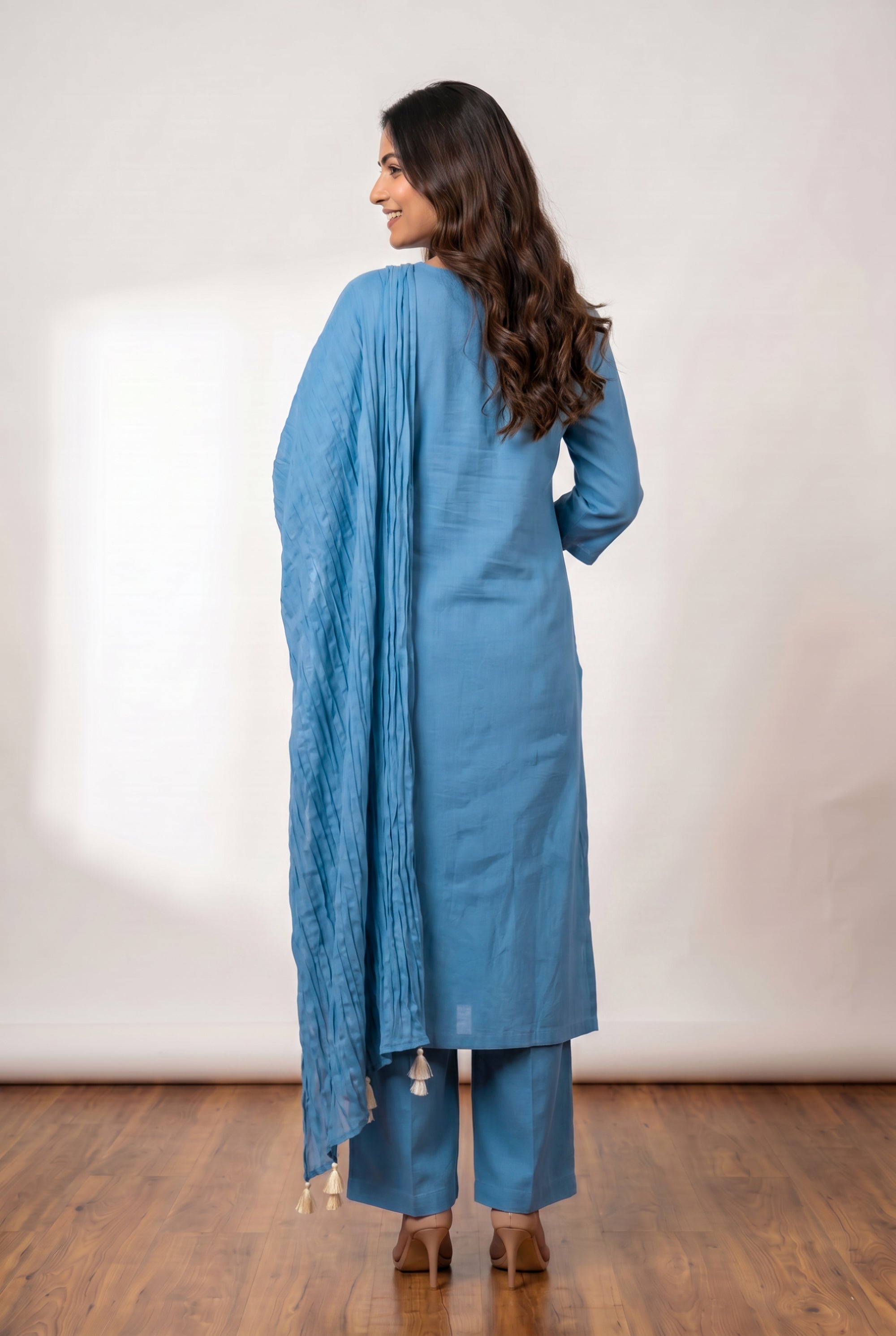 Sky Blue Bird Embroidered Cotton Ethnic Kurta Set with Designer Pleated Dupatta
