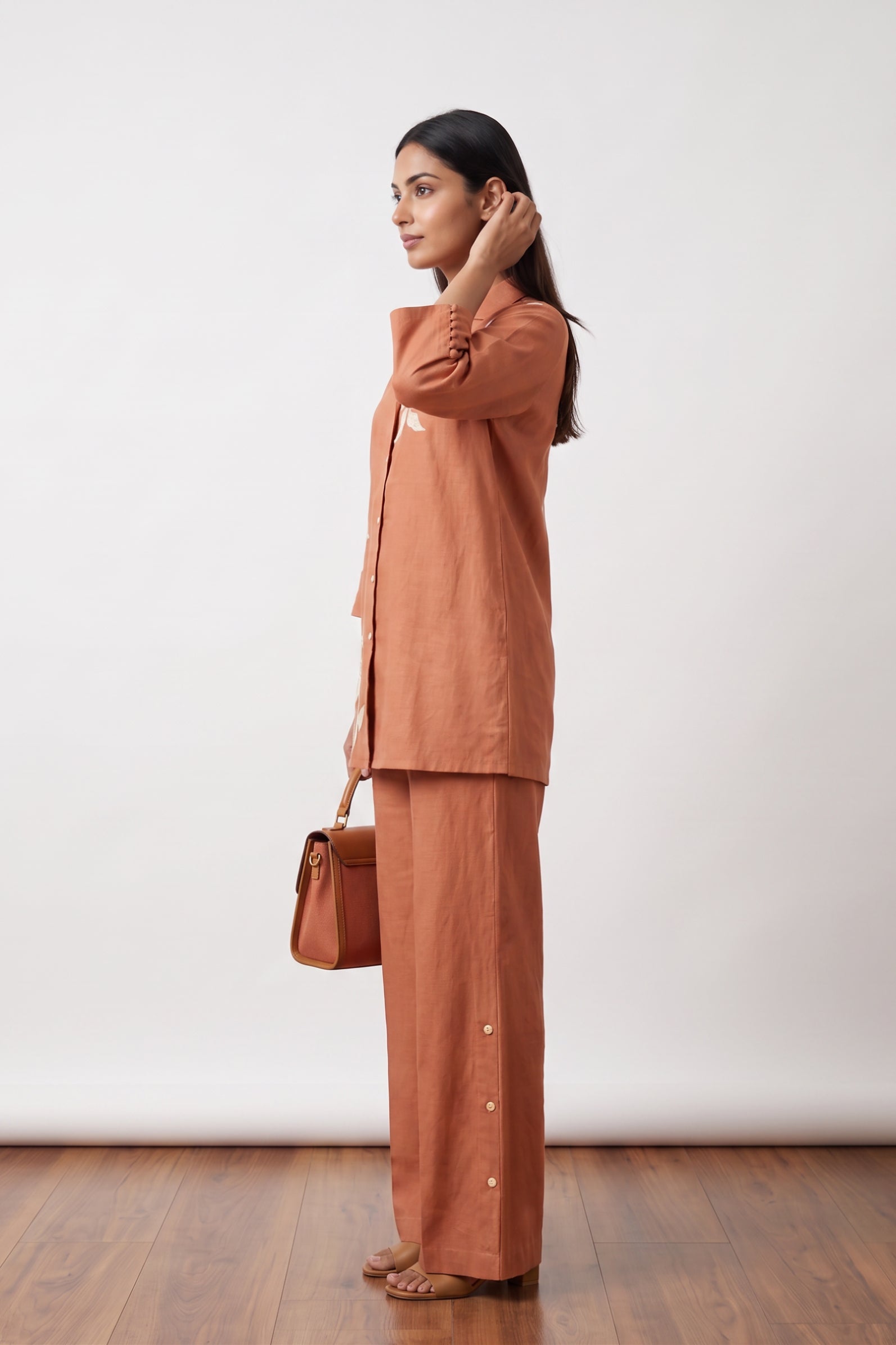 Peach Floral Embroidered Cotton Co-ord Set