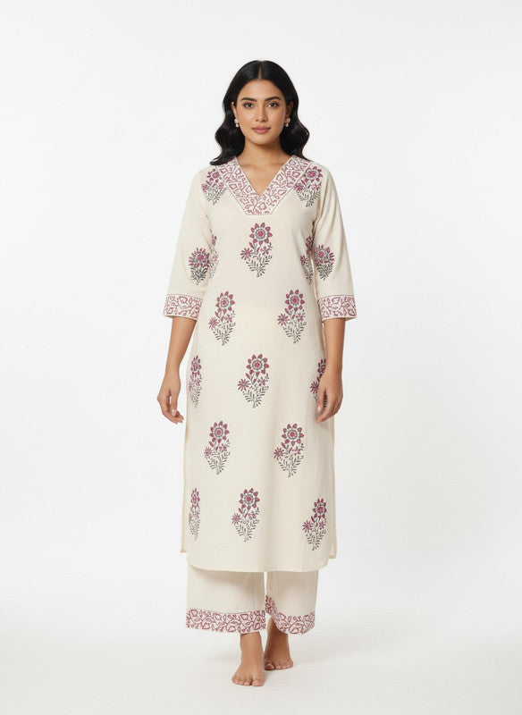 Ivory Floral Printed Ethnic Kurta Palazzo Set with Neck & Cuff Detailing