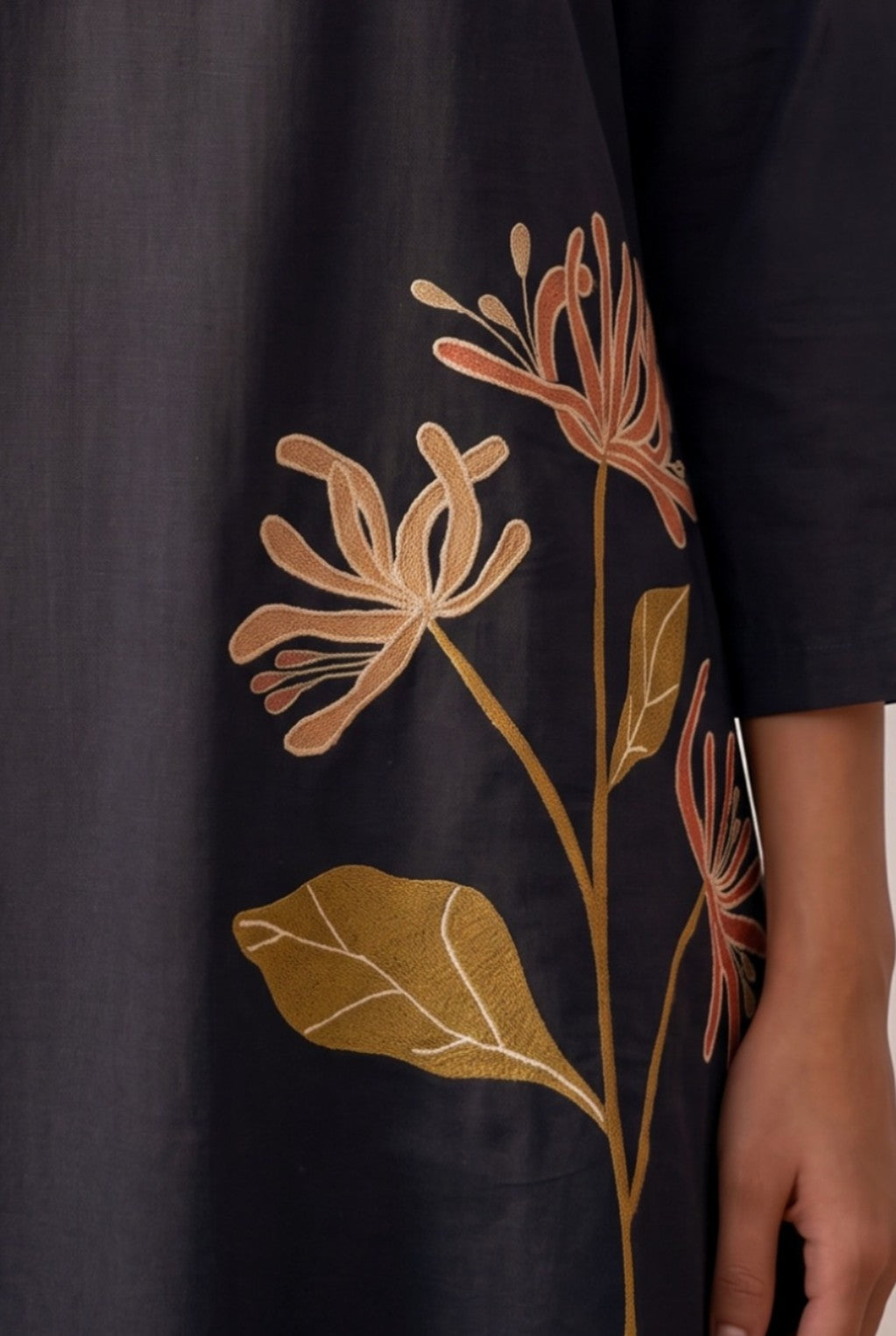Black Floral Botanical Embroidered Cotton Flex Co-ord Set with V-Neck Lapel Collar Tunic and Straight-Fit Pants
