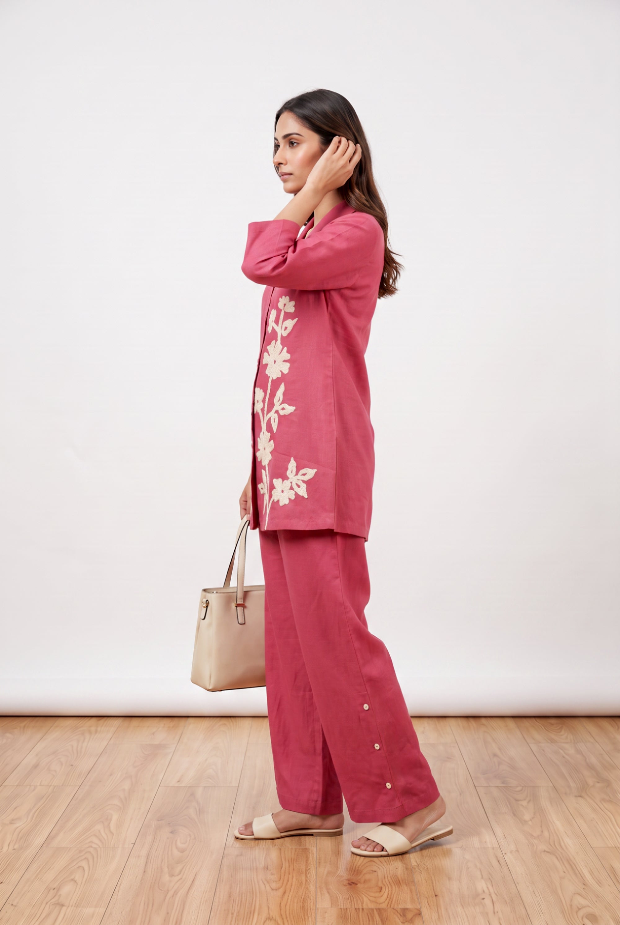 Pink Floral Embroidered Cotton Flex Co-ord Set with Collared Button-Down