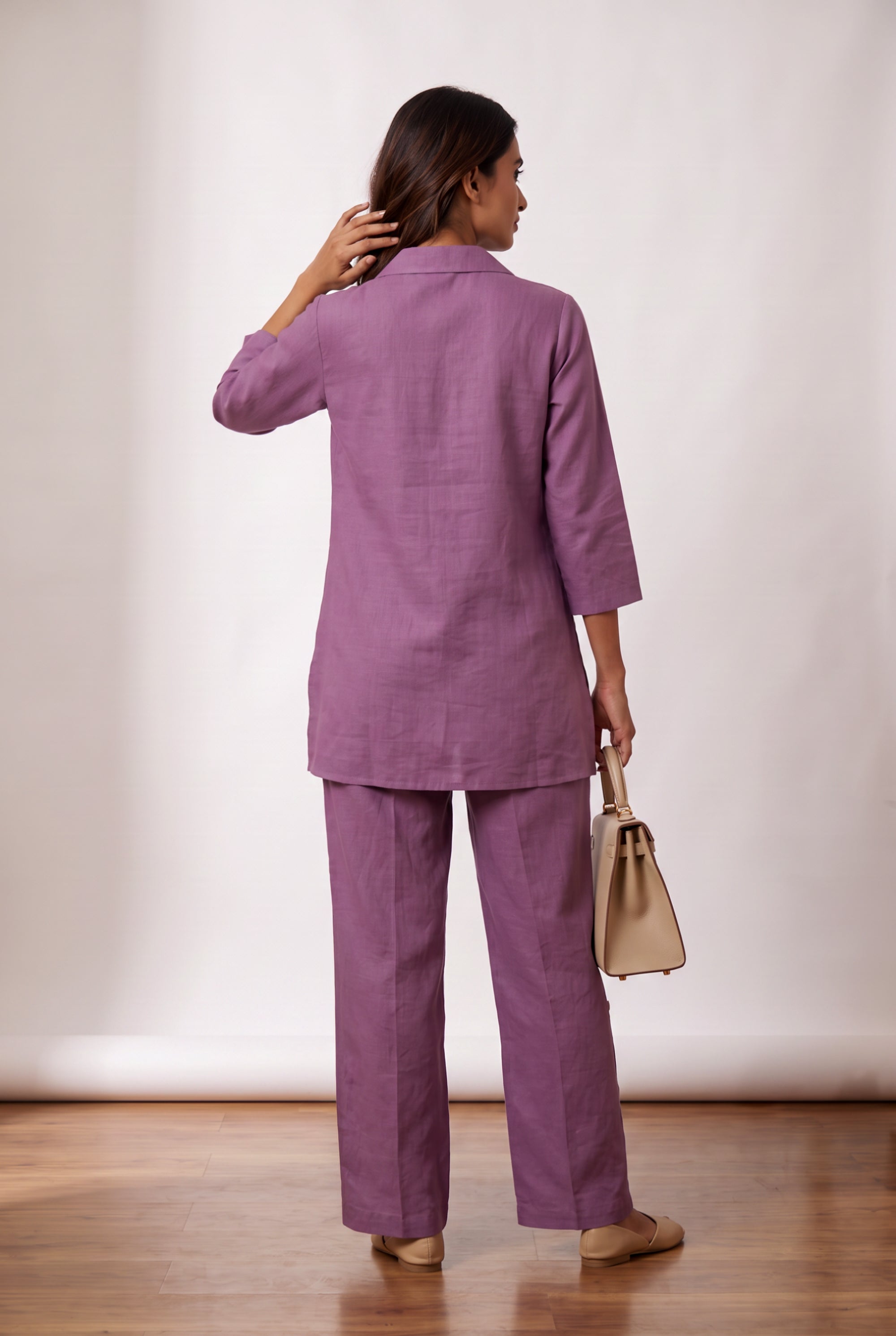 Purple Floral Button-Down Embroidery Casual Cotton Flex Co-ord Set with Straight Pants