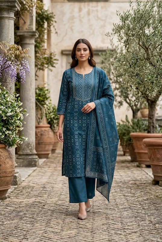 Teal Mughal Heritage Printed Cotton Kurta Set with Dupatta