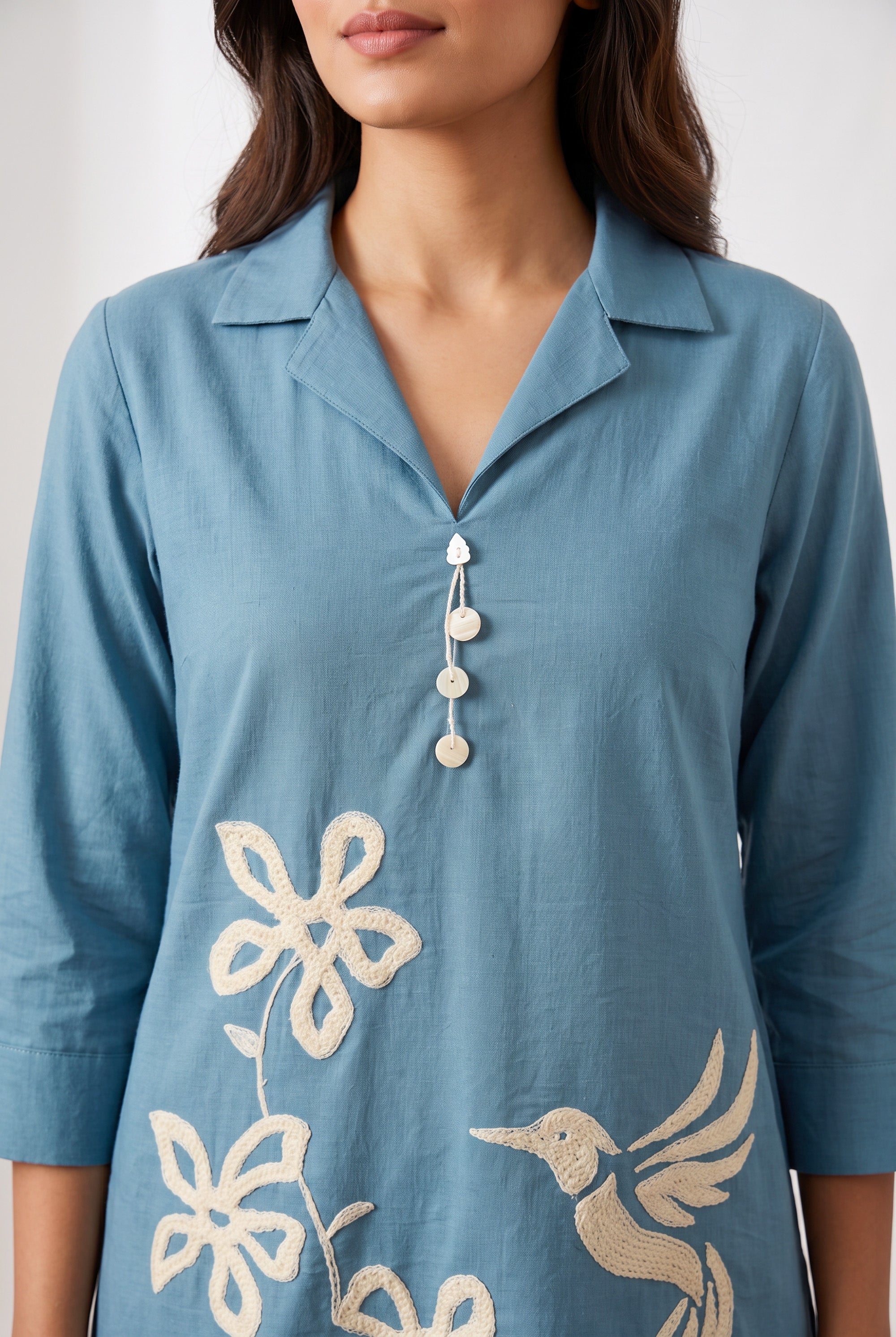 Sky Blue Floral & Bird Embroidered Cotton Flex Co-ord Set with Collared V-Neck