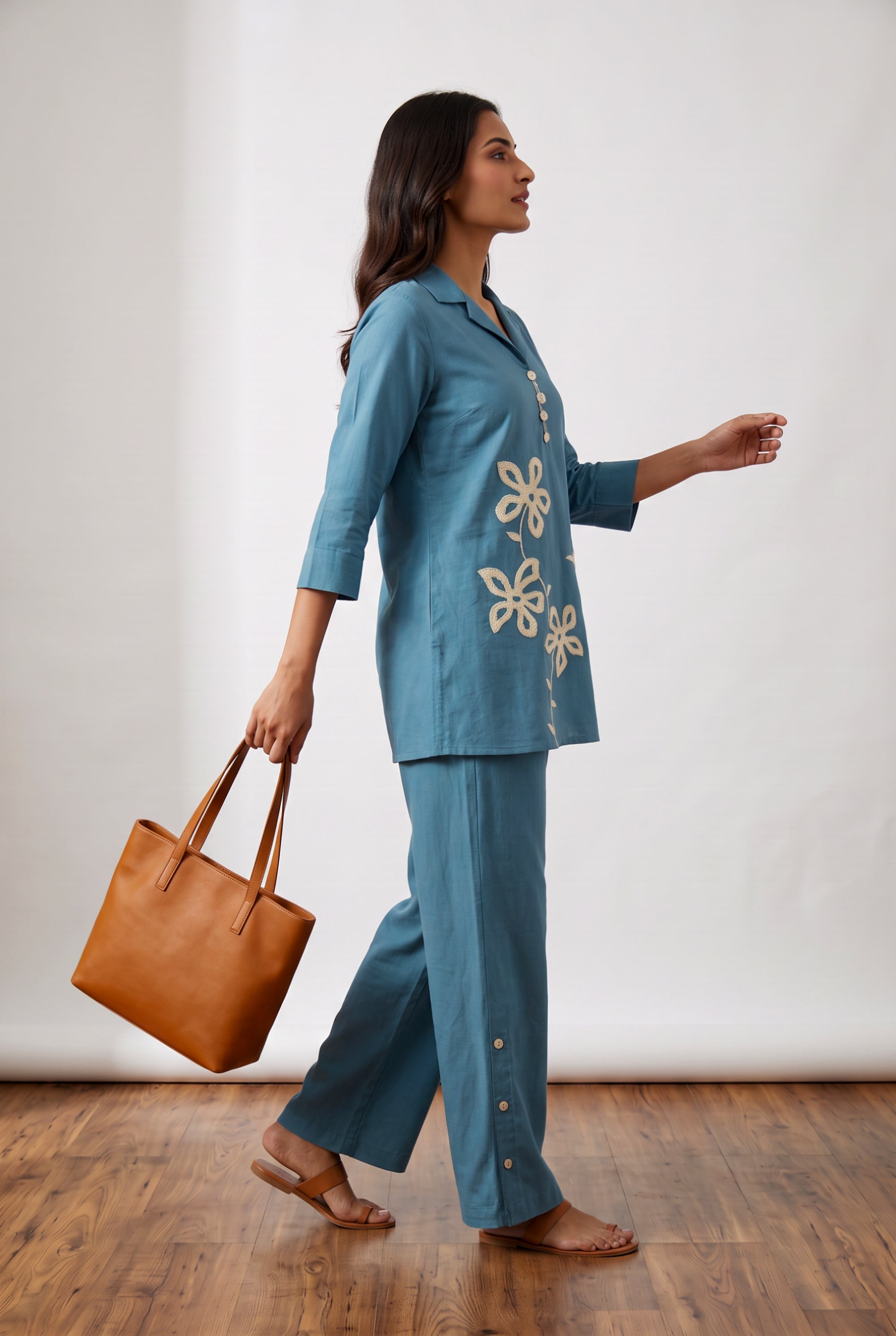 Sky Blue Floral & Bird Embroidered Cotton Flex Co-ord Set with Collared V-Neck