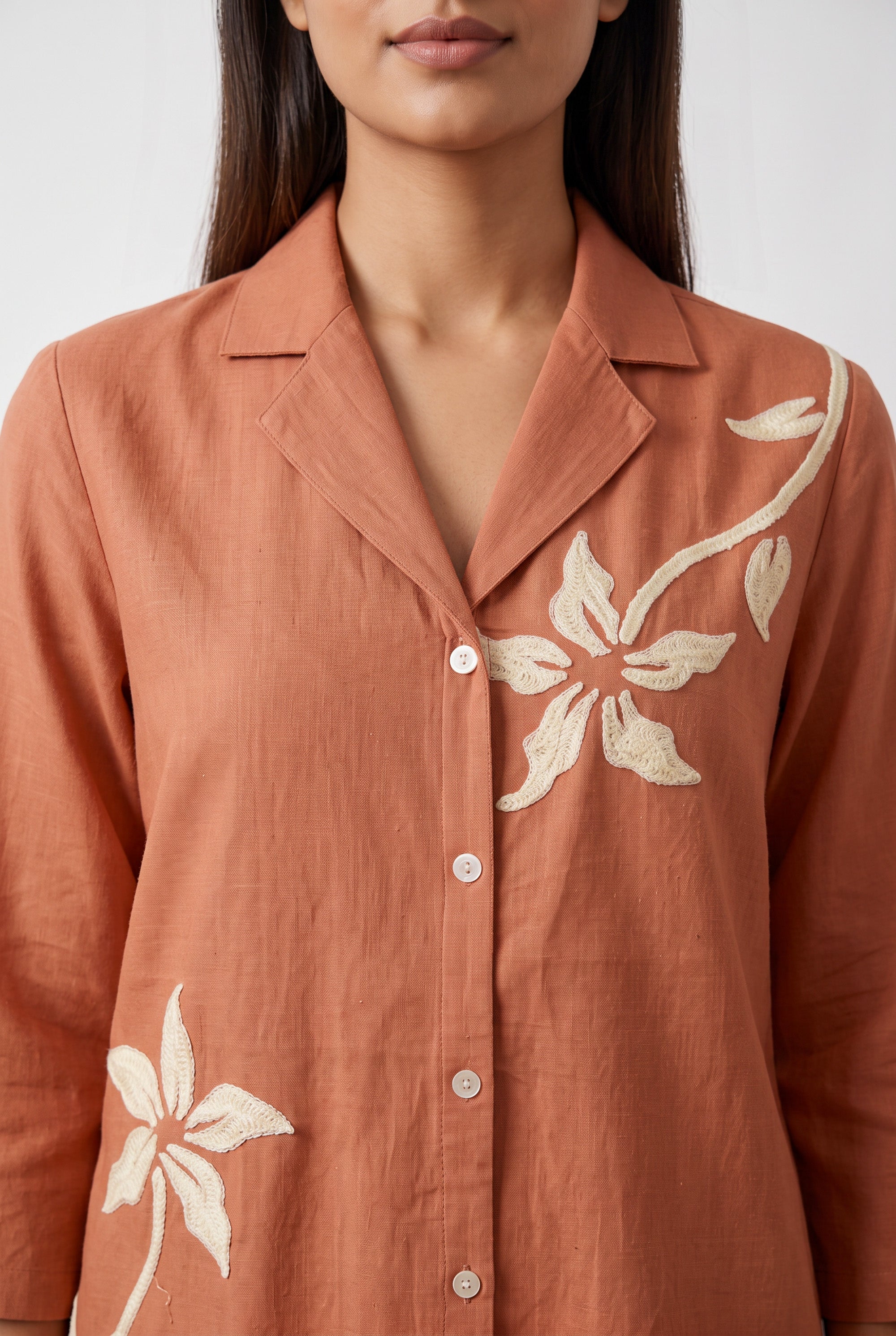 Peach Floral Embroidered Cotton Flex Co-ord Set with Collared Button-Down Shirt and Wide-Leg Palazzo Pants
