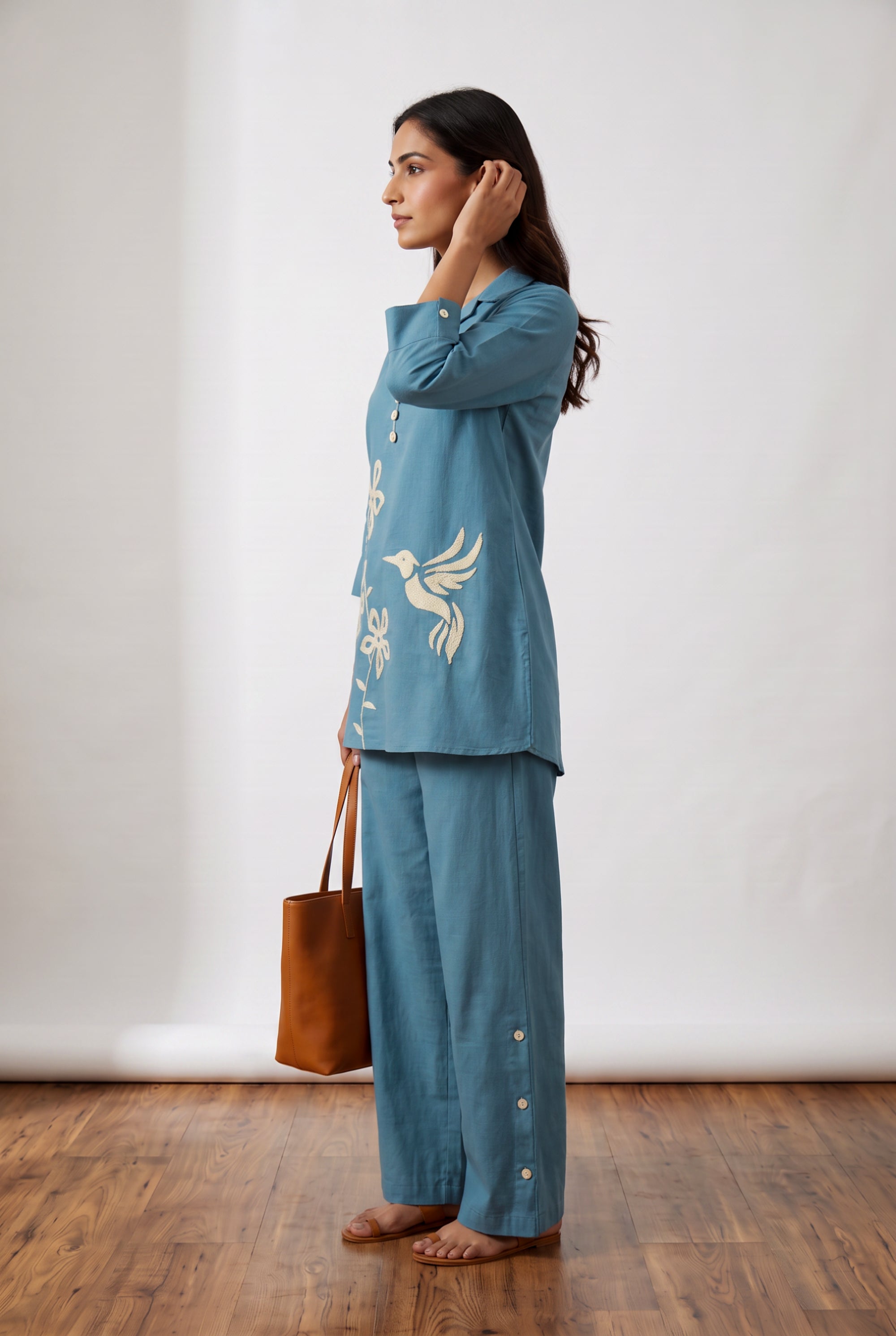 Sky Blue Floral & Bird Embroidered Cotton Flex Co-ord Set with Collared V-Neck