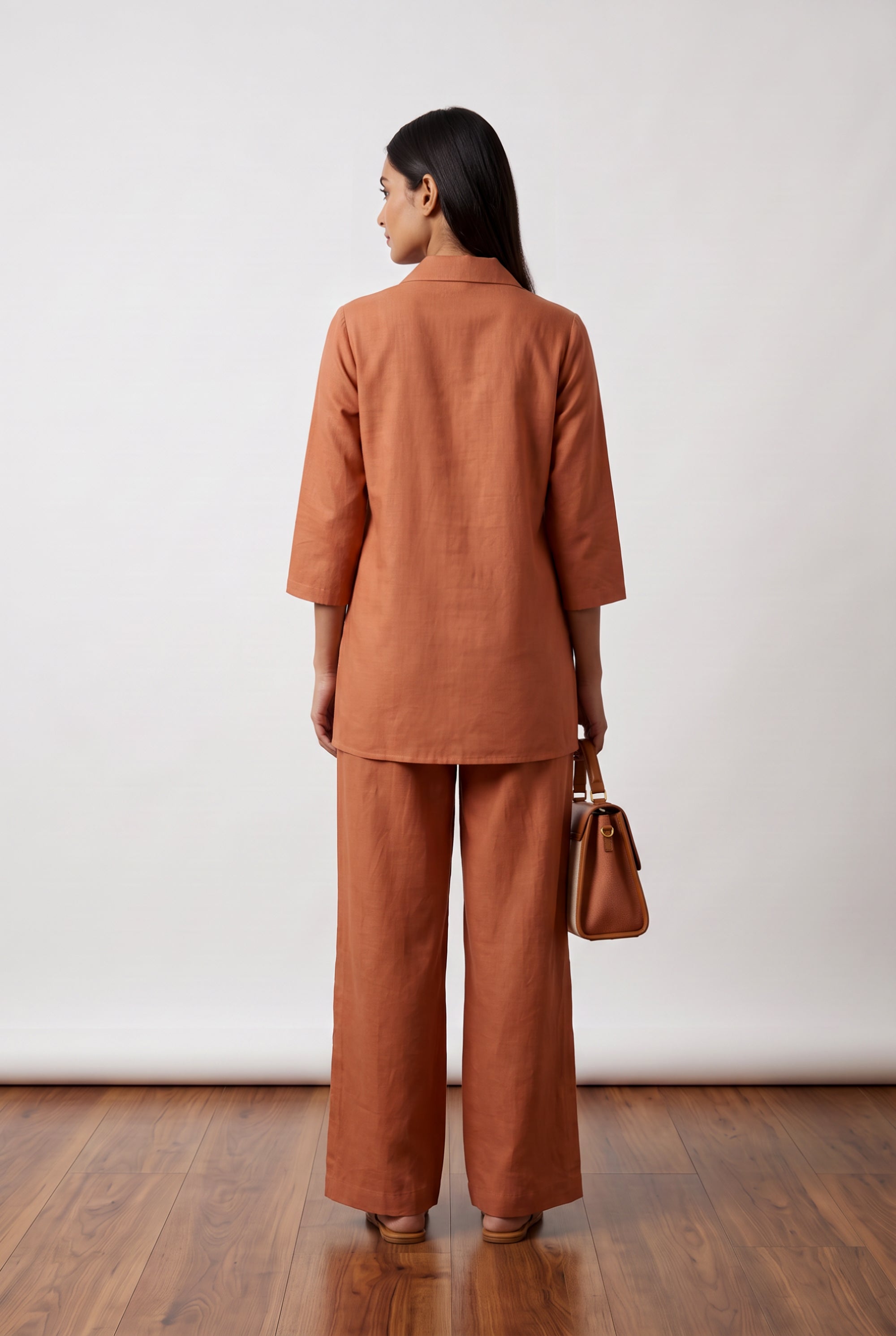 Peach Floral Embroidered Cotton Flex Co-ord Set with Collared Button-Down Shirt and Wide-Leg Palazzo Pants