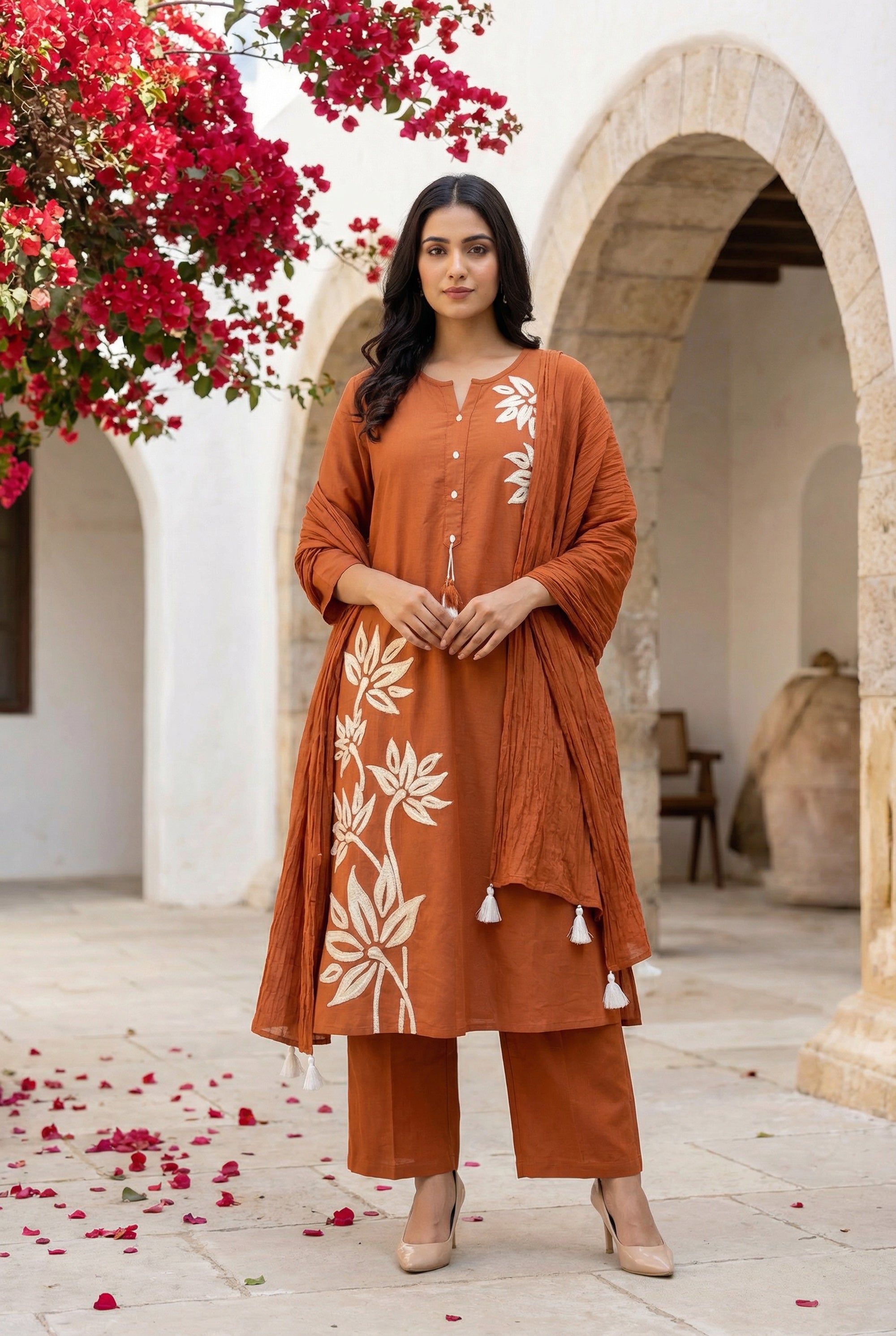 Rust Nature Leaf Embroidered Design Cotton Kurta Pant Set with Dupatta