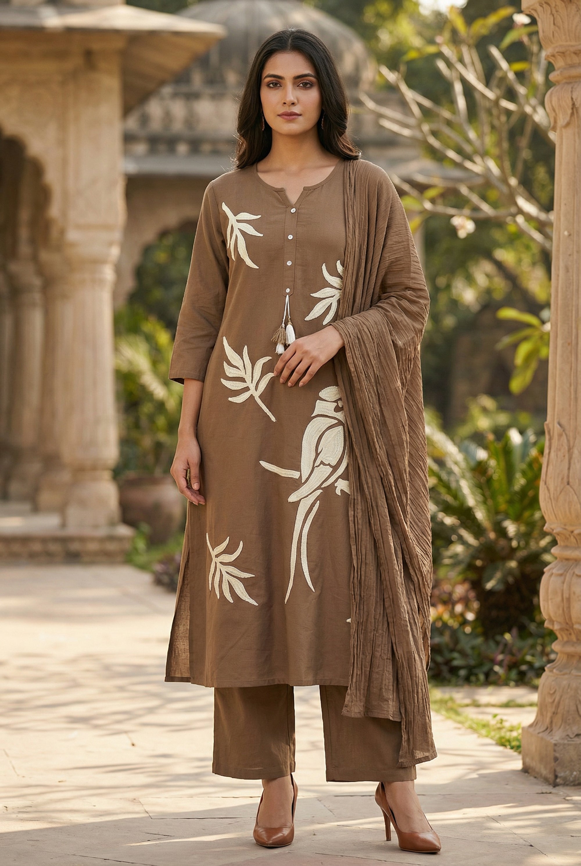 Brown Bird & Leaf Embroidered Cotton Kurta with Straight Pants & Dupatta