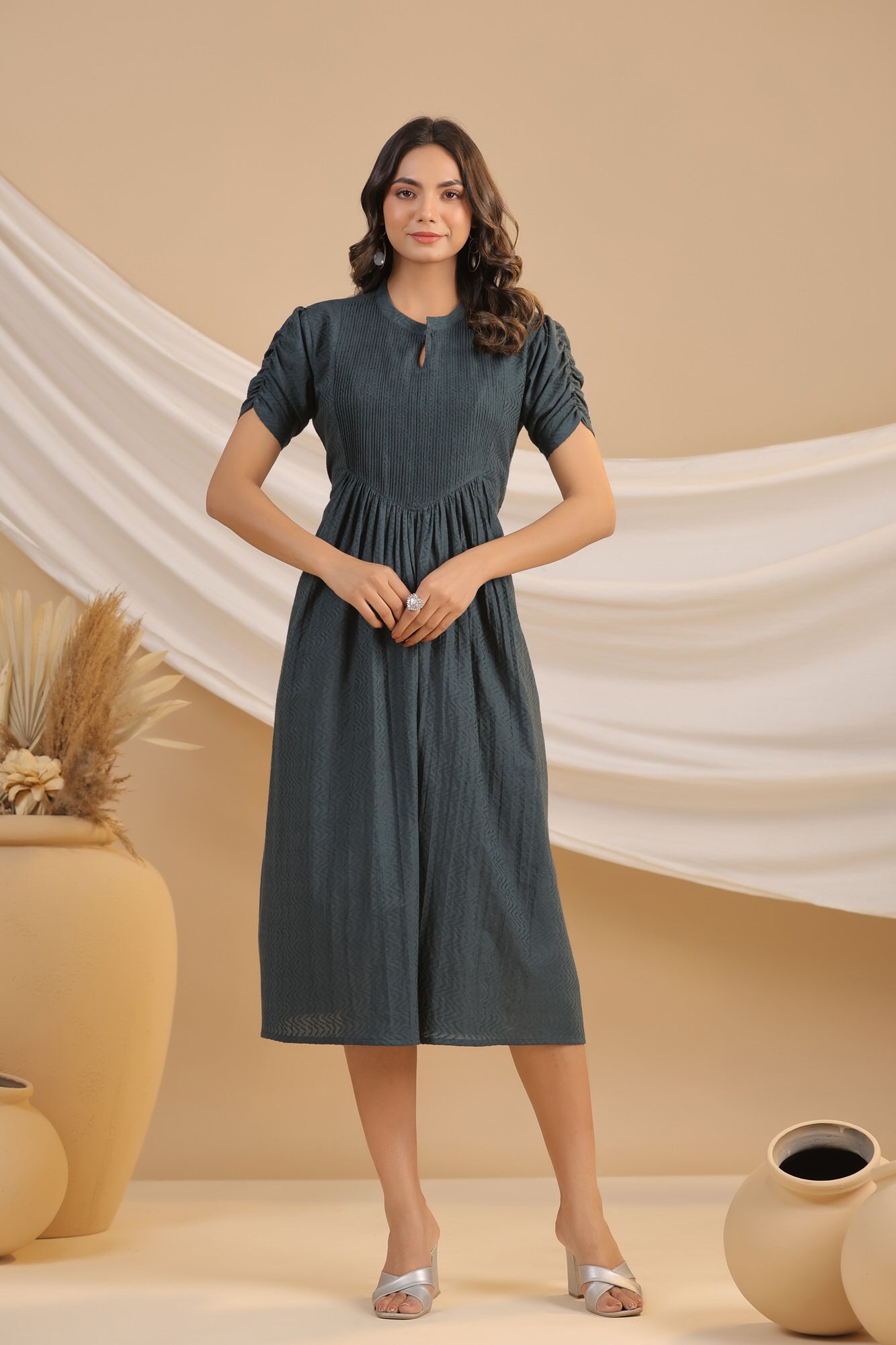 Greige Cotton Flex Pintuck Cotton Flex Dress