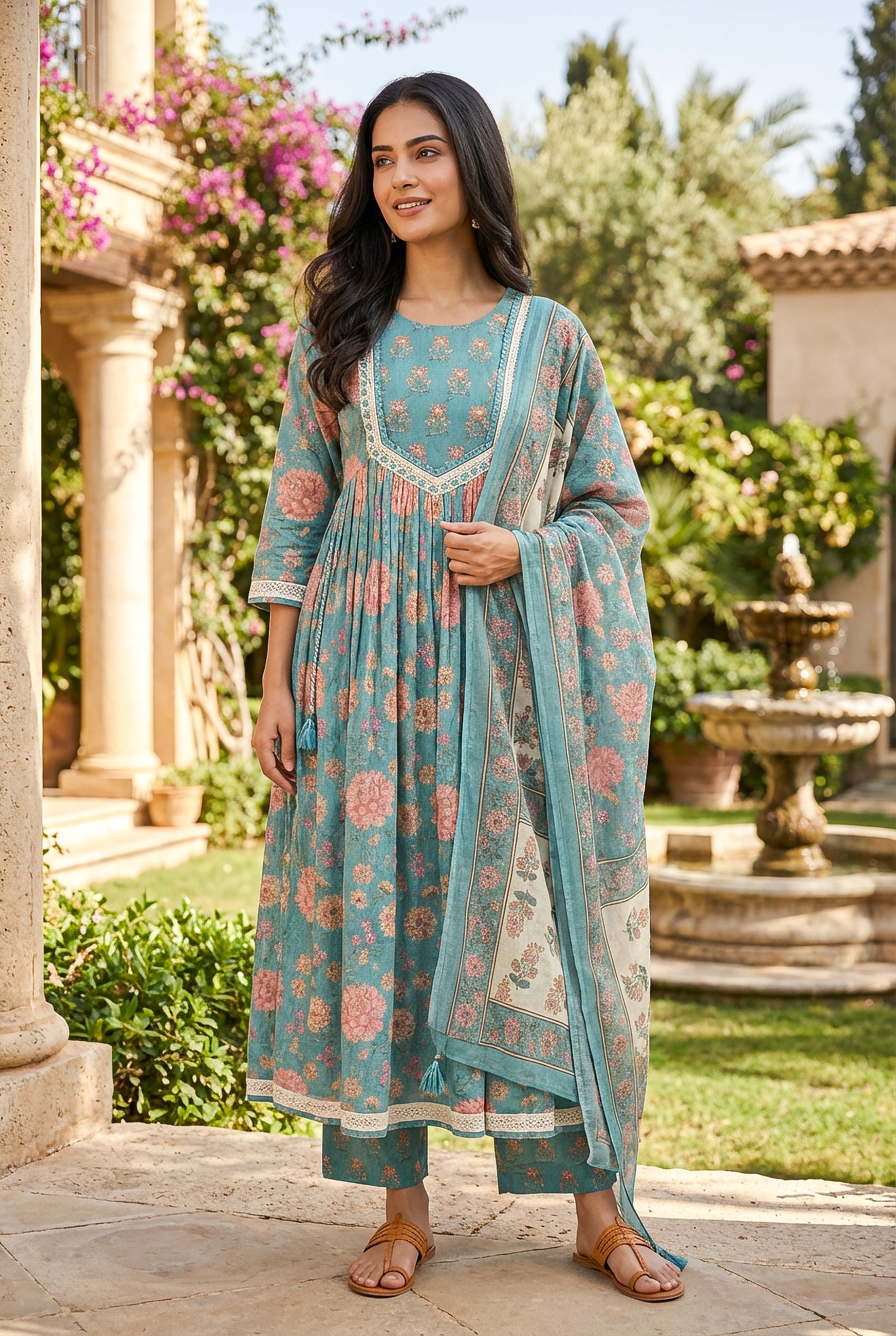 Elegant Teal Floral Anarkali Kurta Pant Set with Dupatta