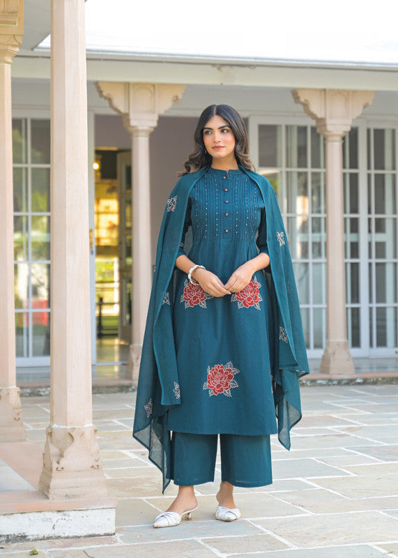 Graceful Teal Blue Embroidered Kurta Set with Dupatta