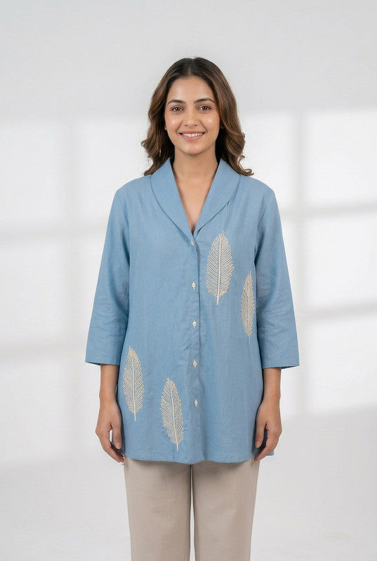 Blue Leaf Motif Embroidered Cotton Flex Relaxed Fit Shirt Style Top