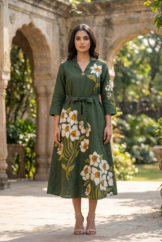 Forest Green Floral Cotton Printed A-Line Dress with Tie-Up Waist