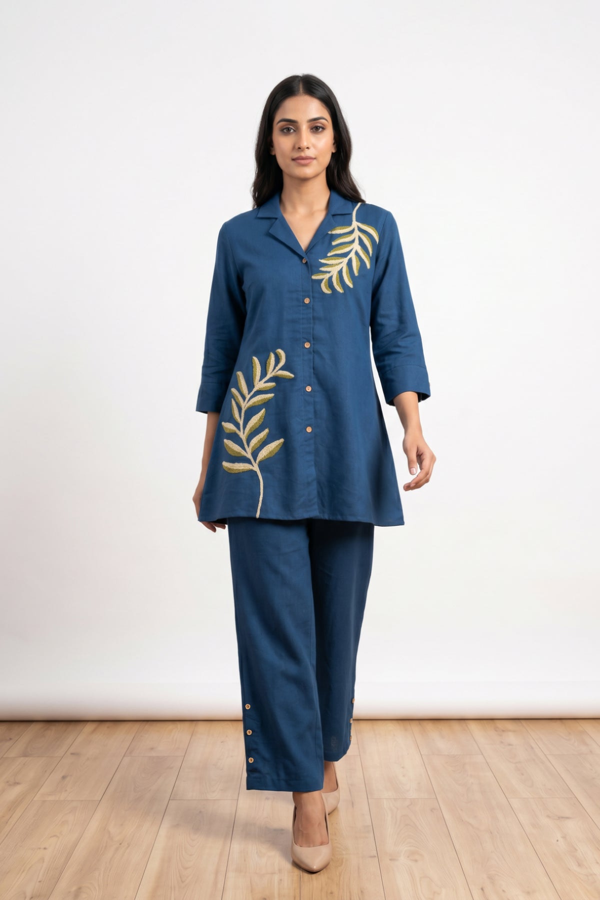 Teal Casual Chic Leaf Embroidered Cotton Co-ord Set