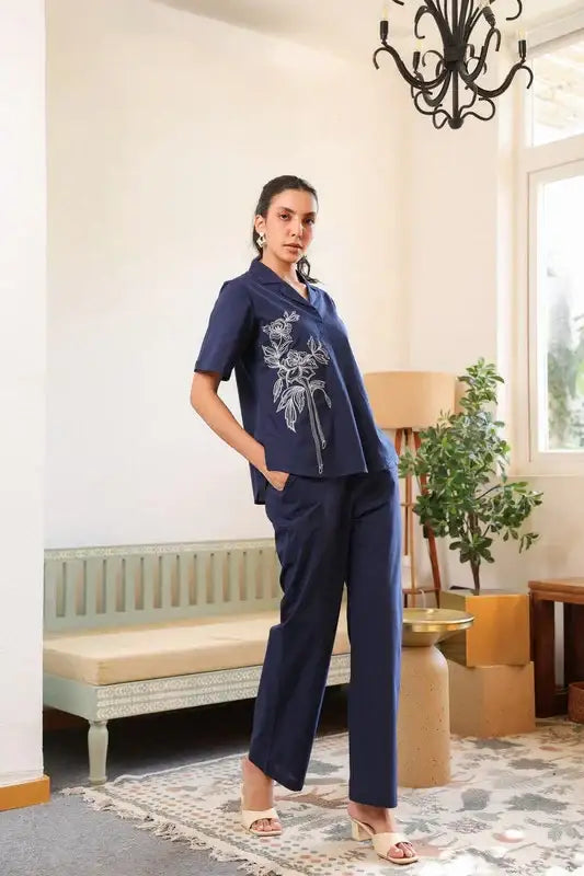Blue Rosette Charm Embroidered Cotton Co-ord Set