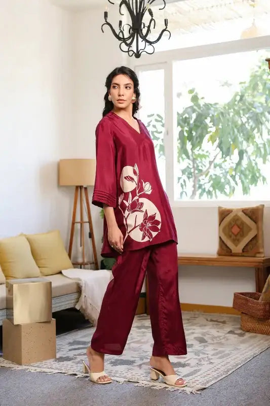 Scarlet Wine Russian Silk Co-ord Set