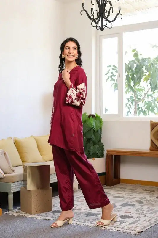 Scarlet Wine Russian Silk Co-ord Set