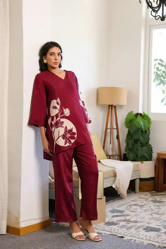 Scarlet Wine Russian Silk Co-ord Set