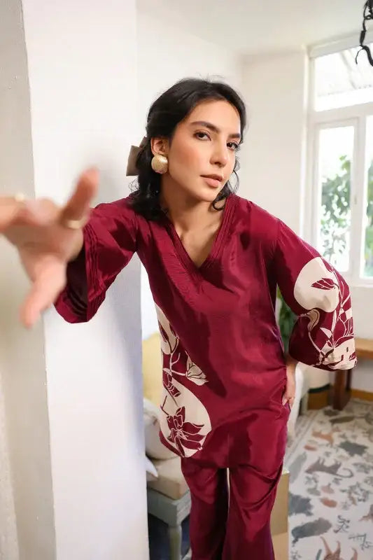 Scarlet Wine Russian Silk Co-ord Set