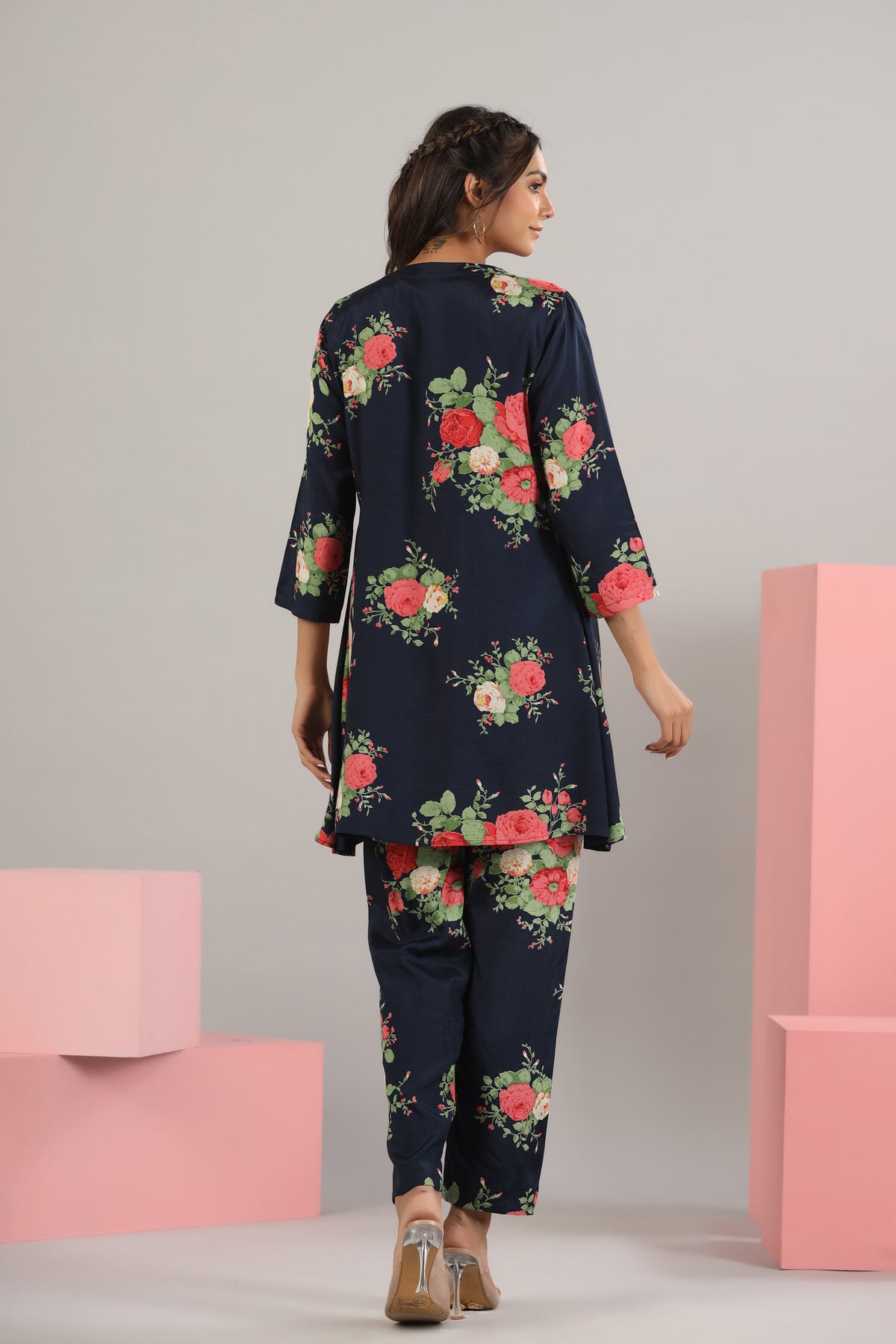 Floral Bouquet on Blue Cotton Three Piece set
