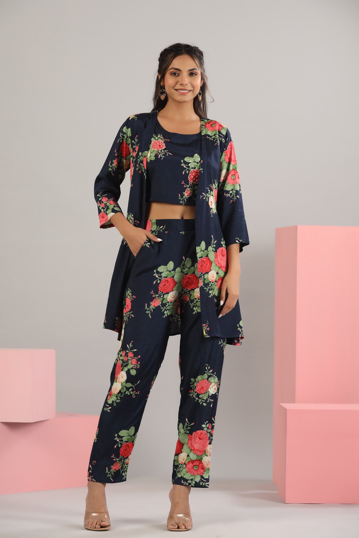 Floral Bouquet on Blue Cotton Three Piece set